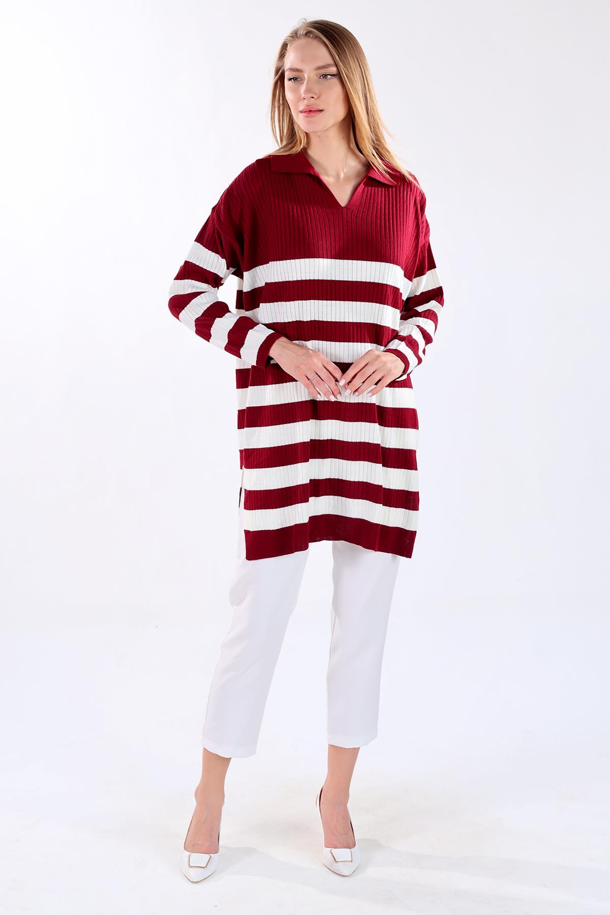5335 Çizgili Fitilli Triko Tunik Bordo - RAYS