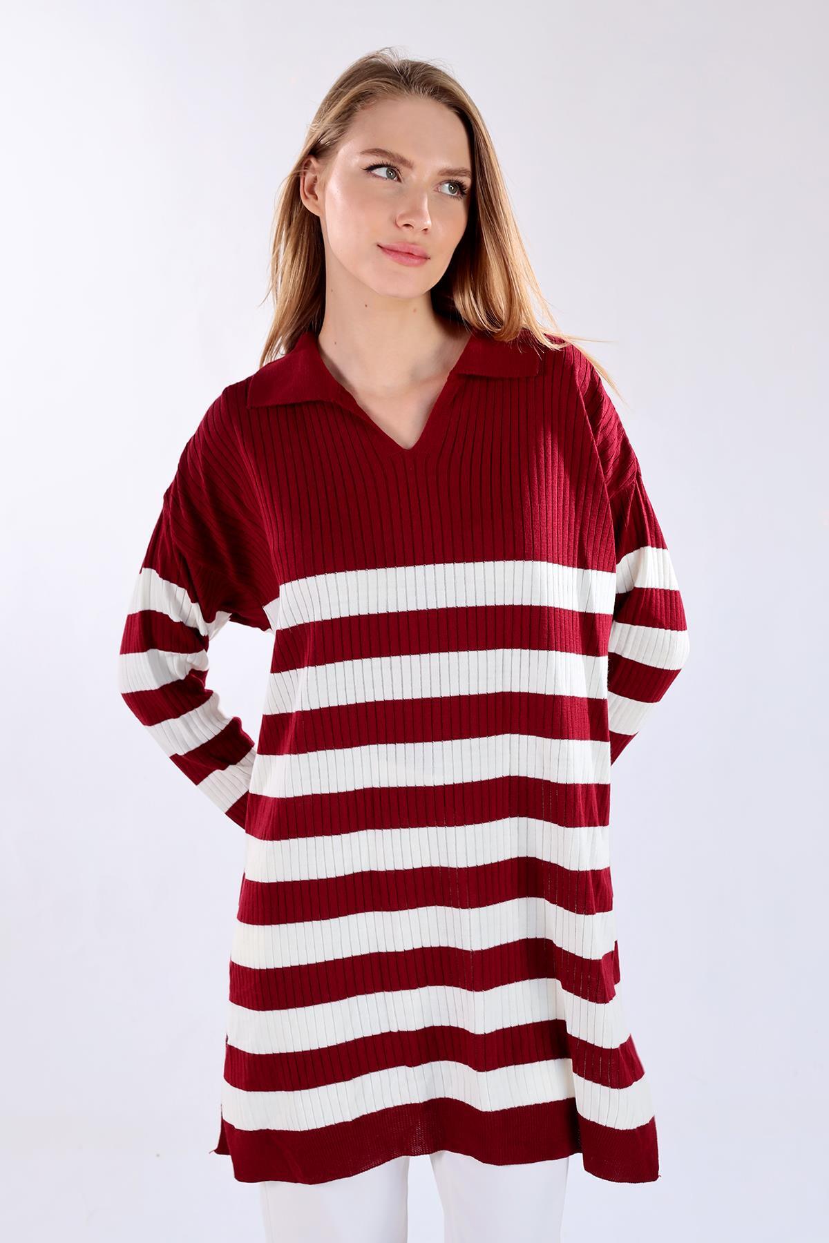 5335 Çizgili Fitilli Triko Tunik Bordo 