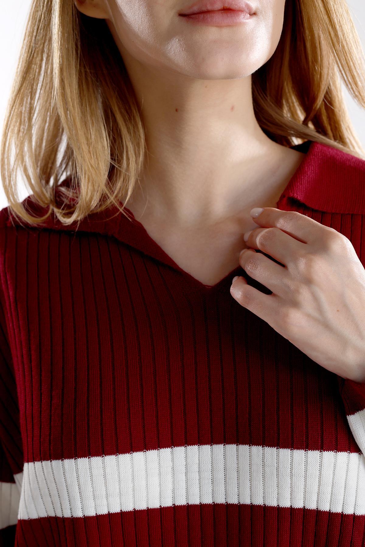 5335 Çizgili Fitilli Triko Tunik Bordo - 8