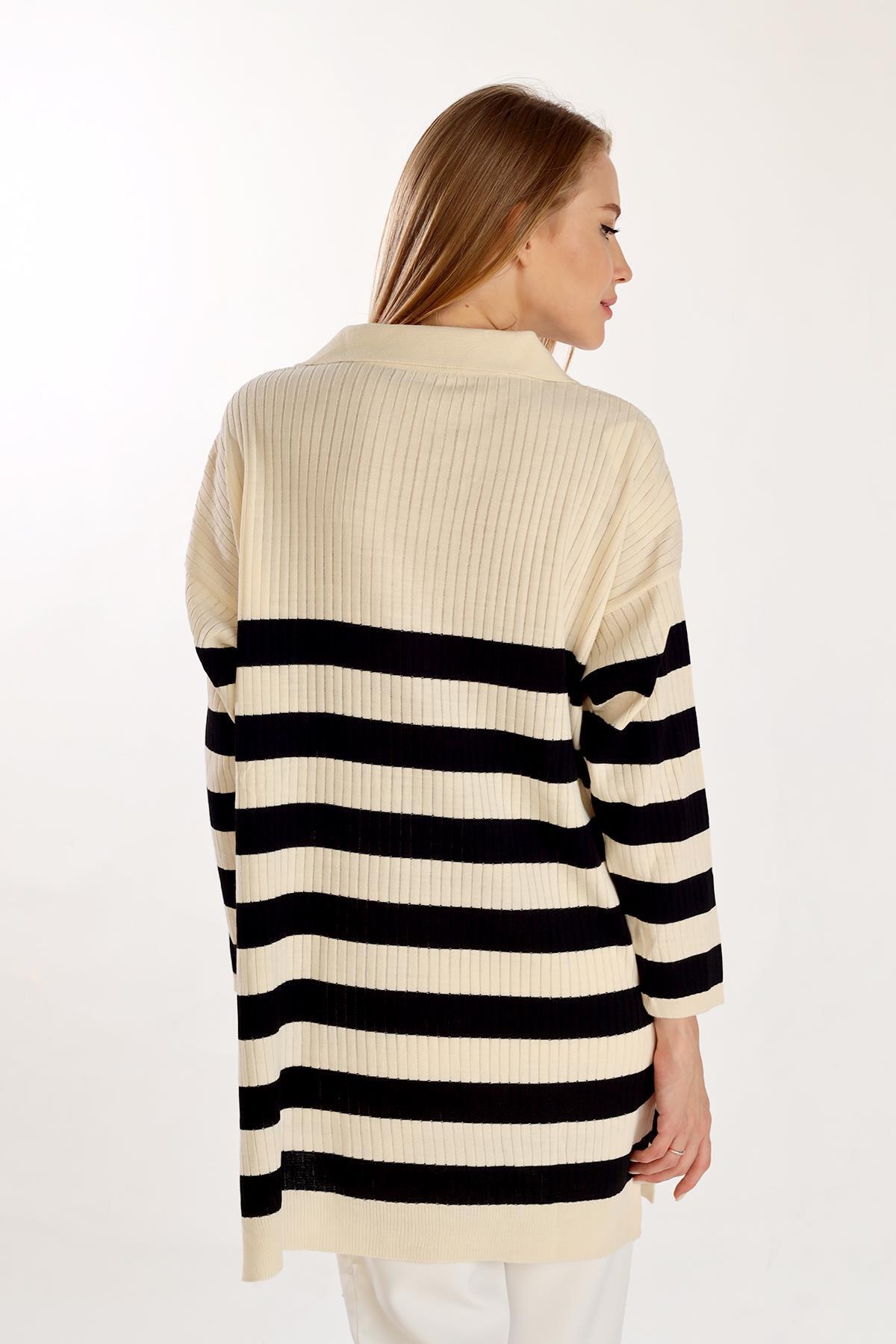 5335 Çizgili Fitilli Triko Tunik Ekru - 4