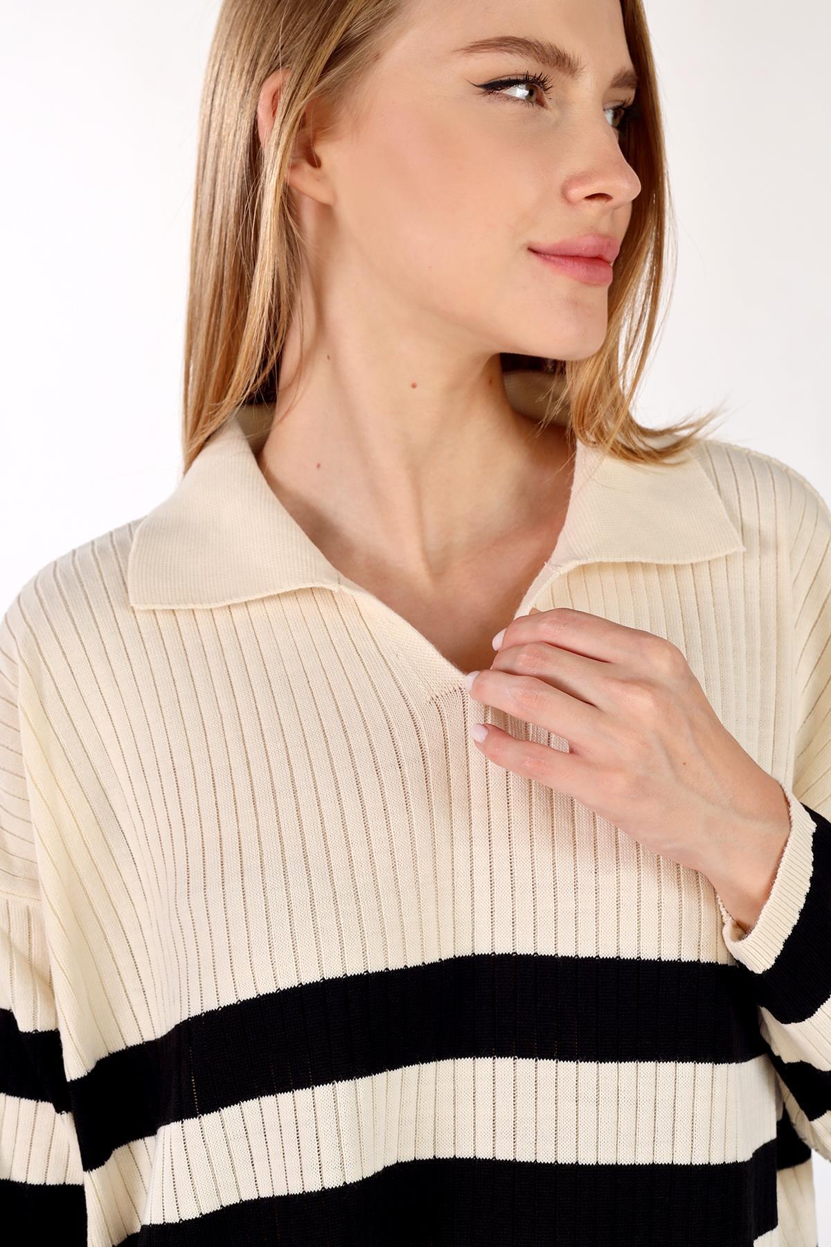 5335 Çizgili Fitilli Triko Tunik Ekru - 3