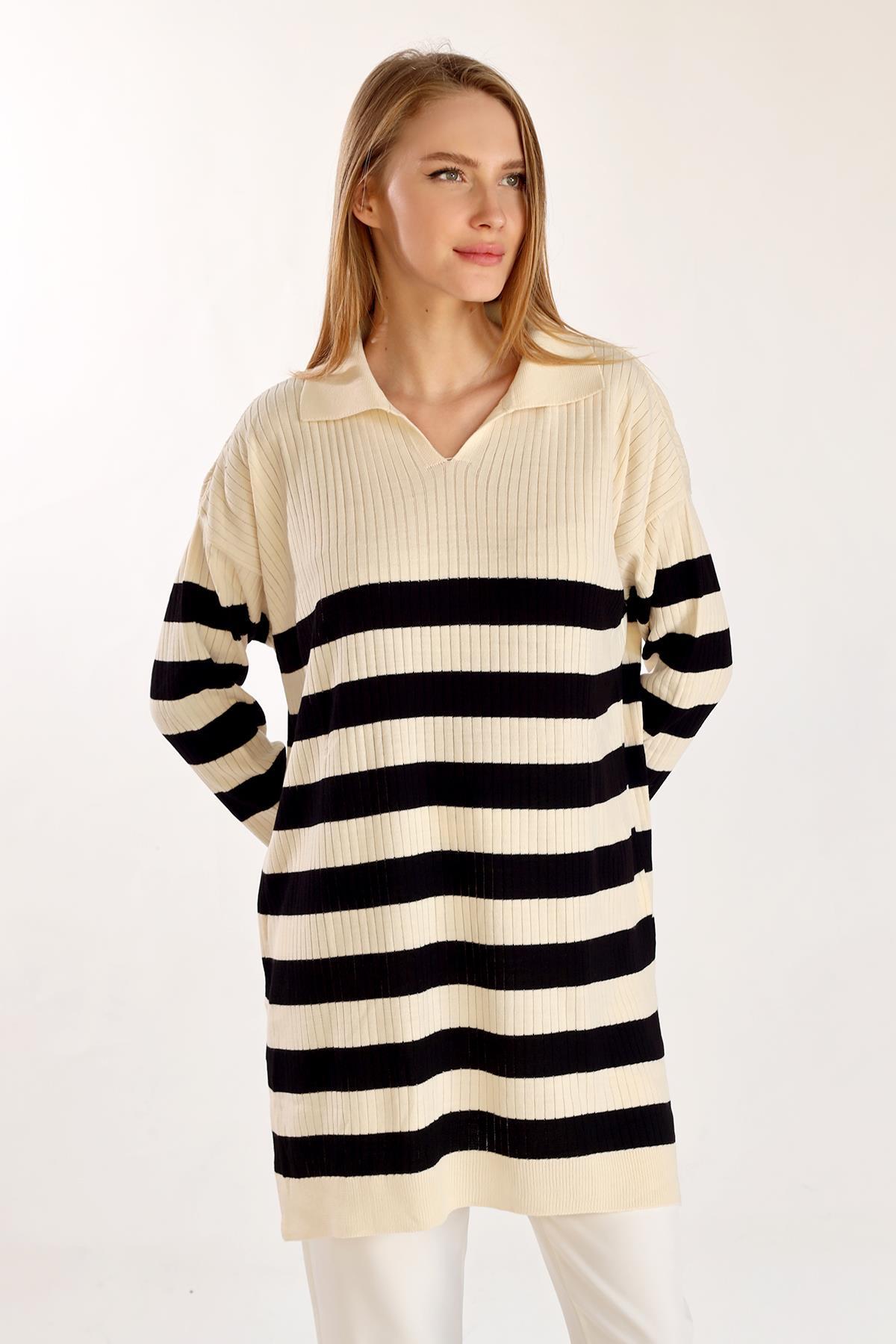 5335 Çizgili Fitilli Triko Tunik Ekru 