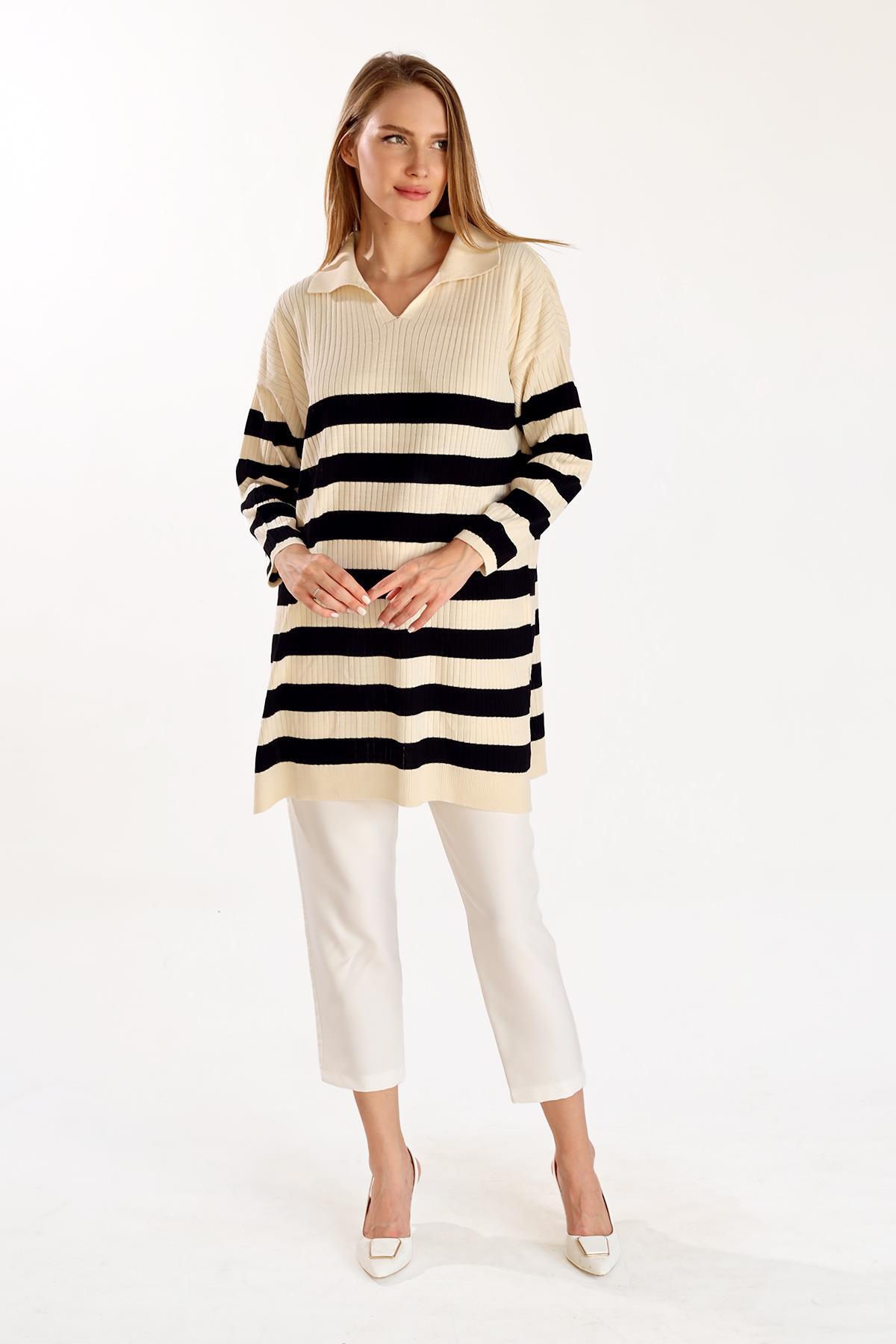 5335 Çizgili Fitilli Triko Tunik Ekru - 6