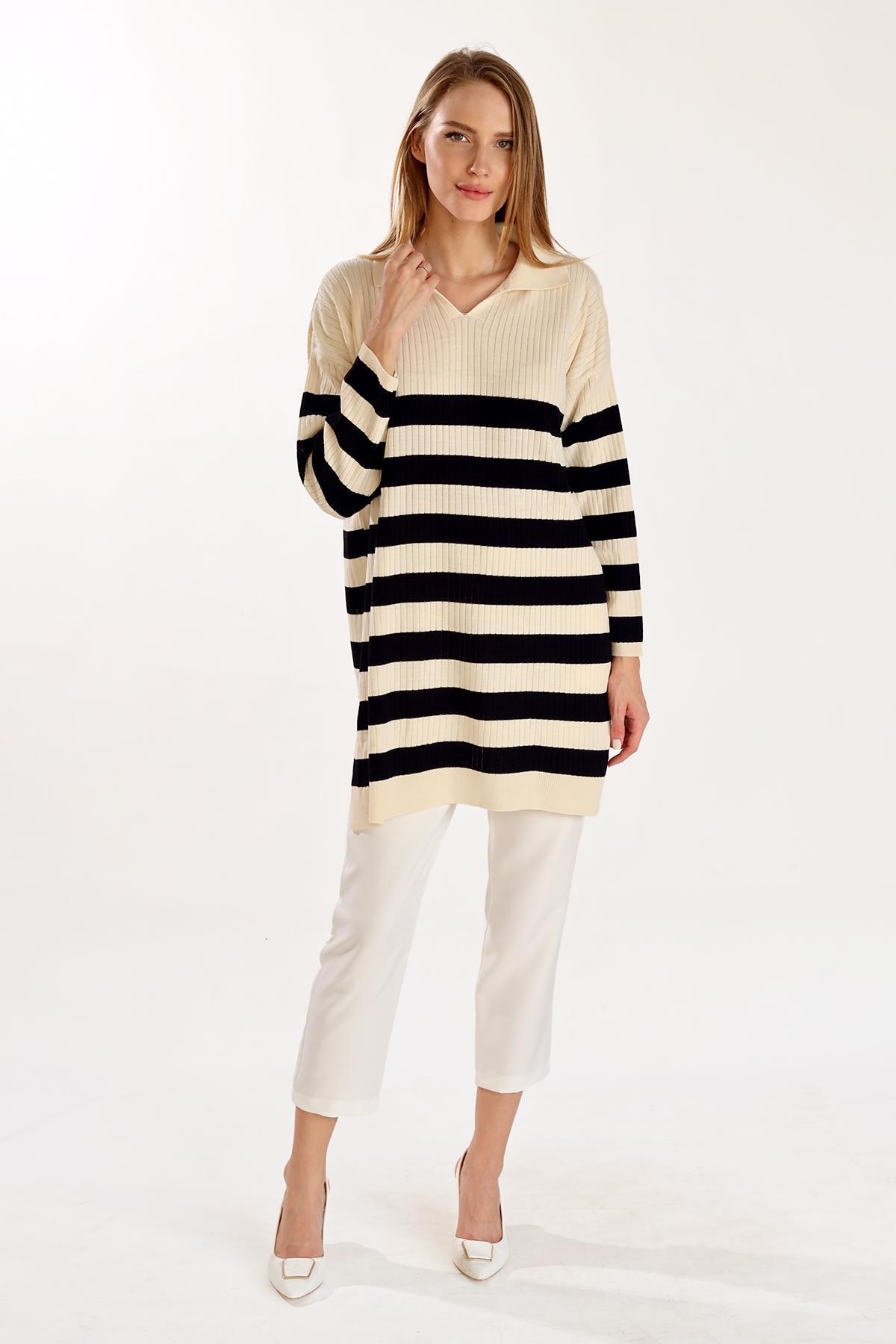 Ekru Çizgili Fitilli Triko Tunik 5335 - 2