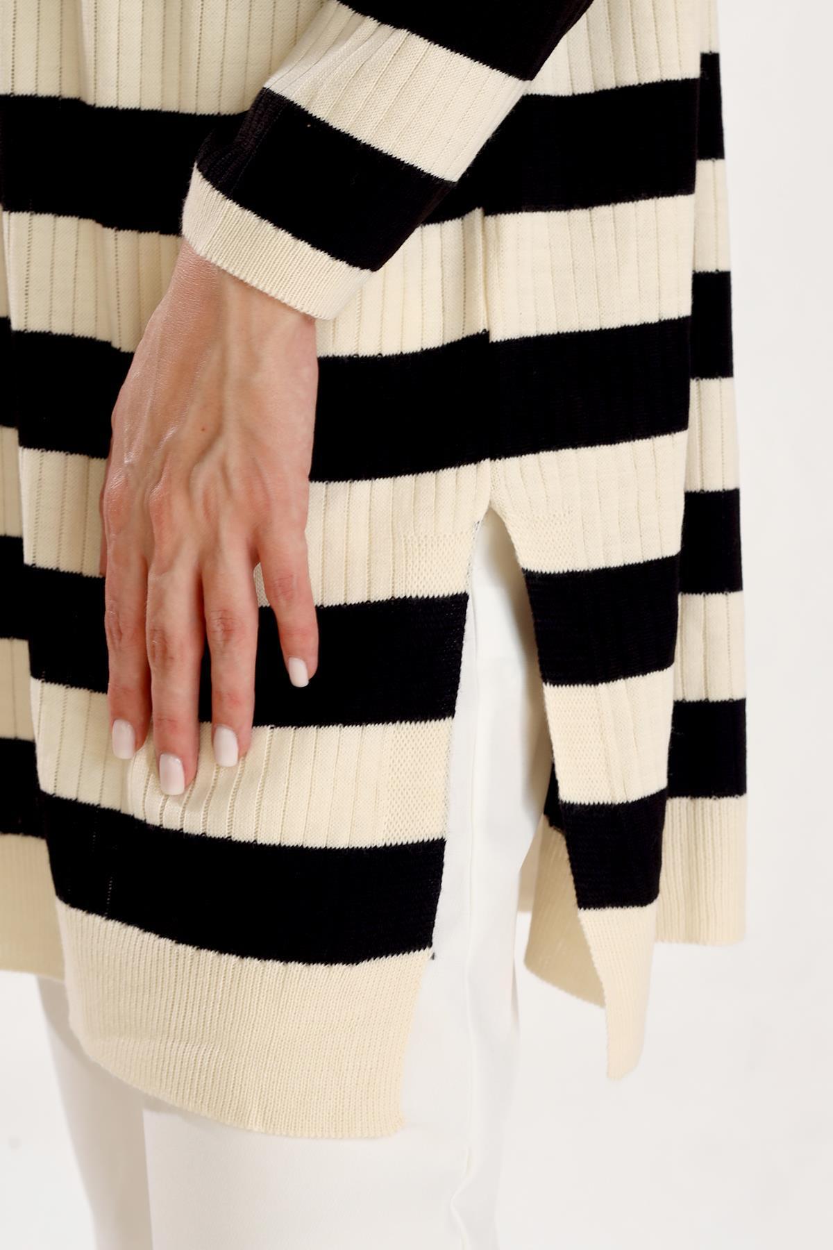 Ekru Çizgili Fitilli Triko Tunik 5335 - 5