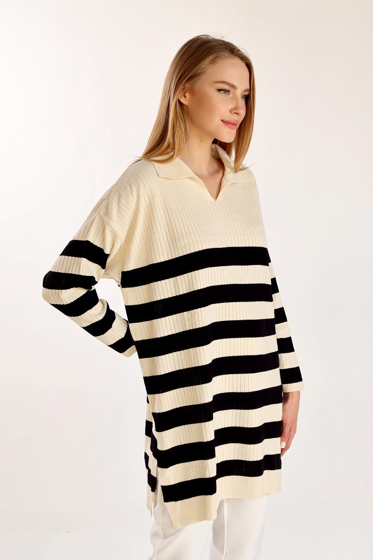 Ekru Çizgili Fitilli Triko Tunik 5335 - 7