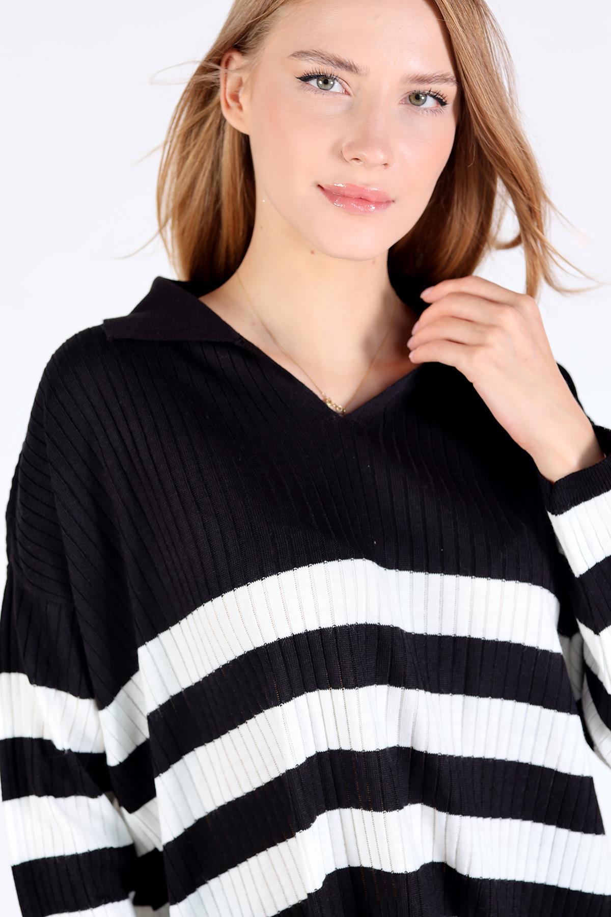 5335 Çizgili Fitilli Triko Tunik Siyah - RAYS