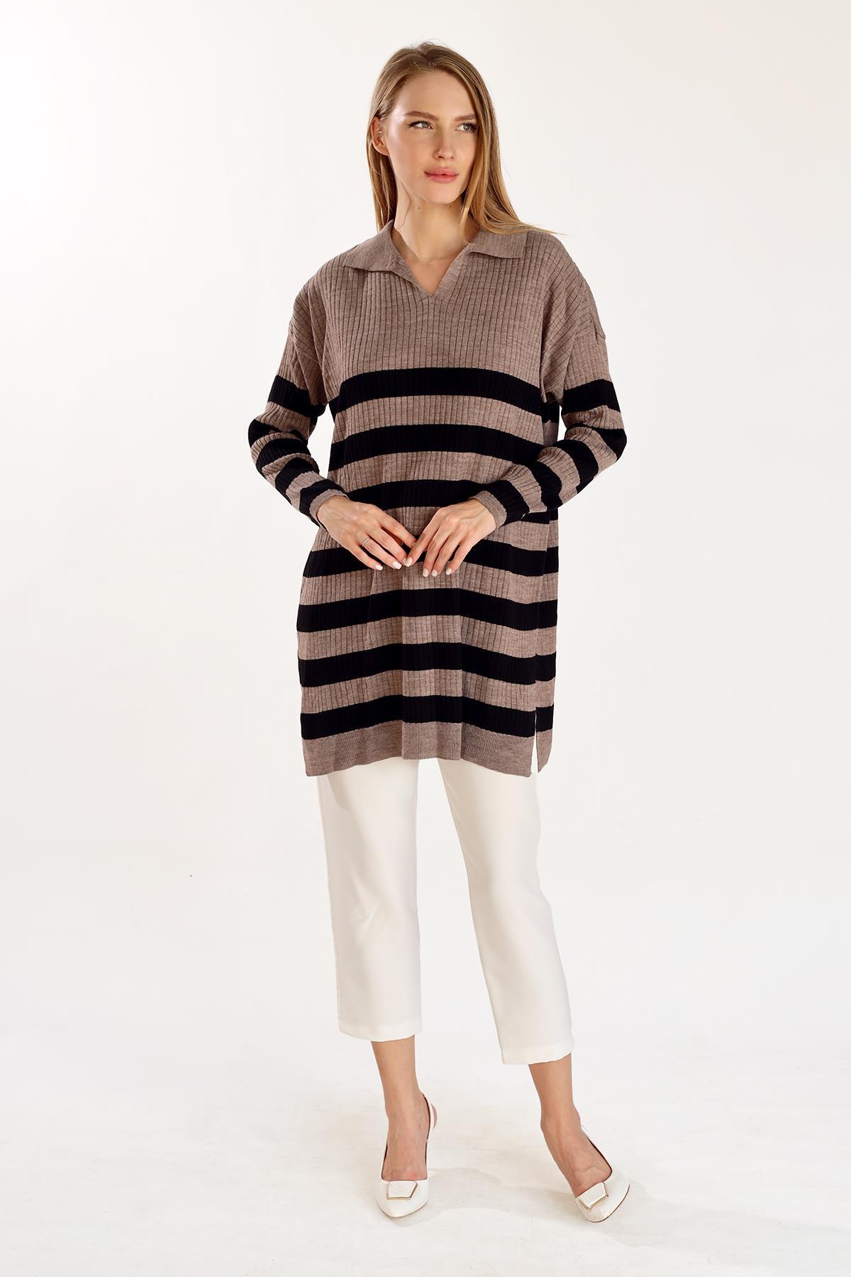 5335 Çizgili Fitilli Triko Tunik Vizon 