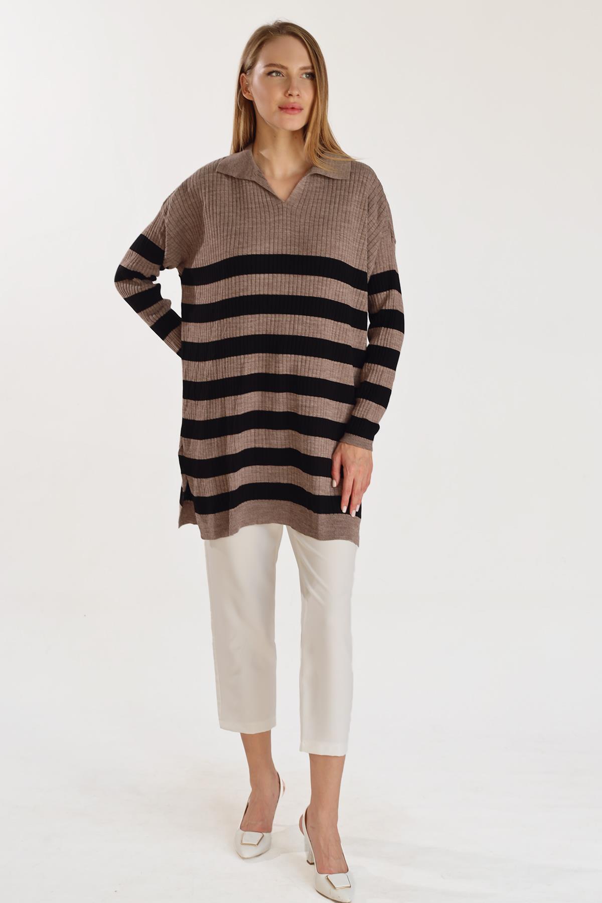 5335 Çizgili Fitilli Triko Tunik Vizon - 8