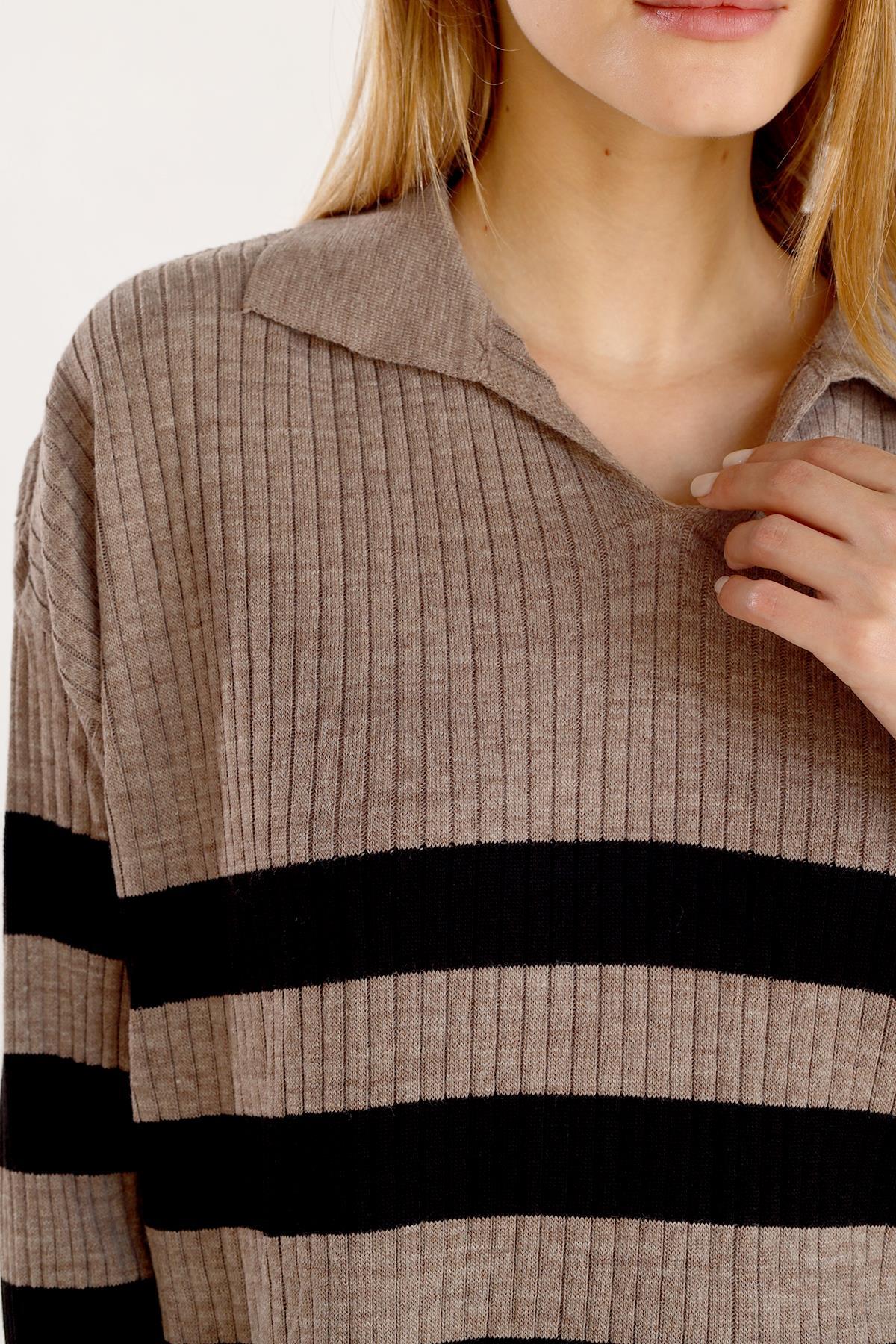 5335 Çizgili Fitilli Triko Tunik Vizon - RAYS