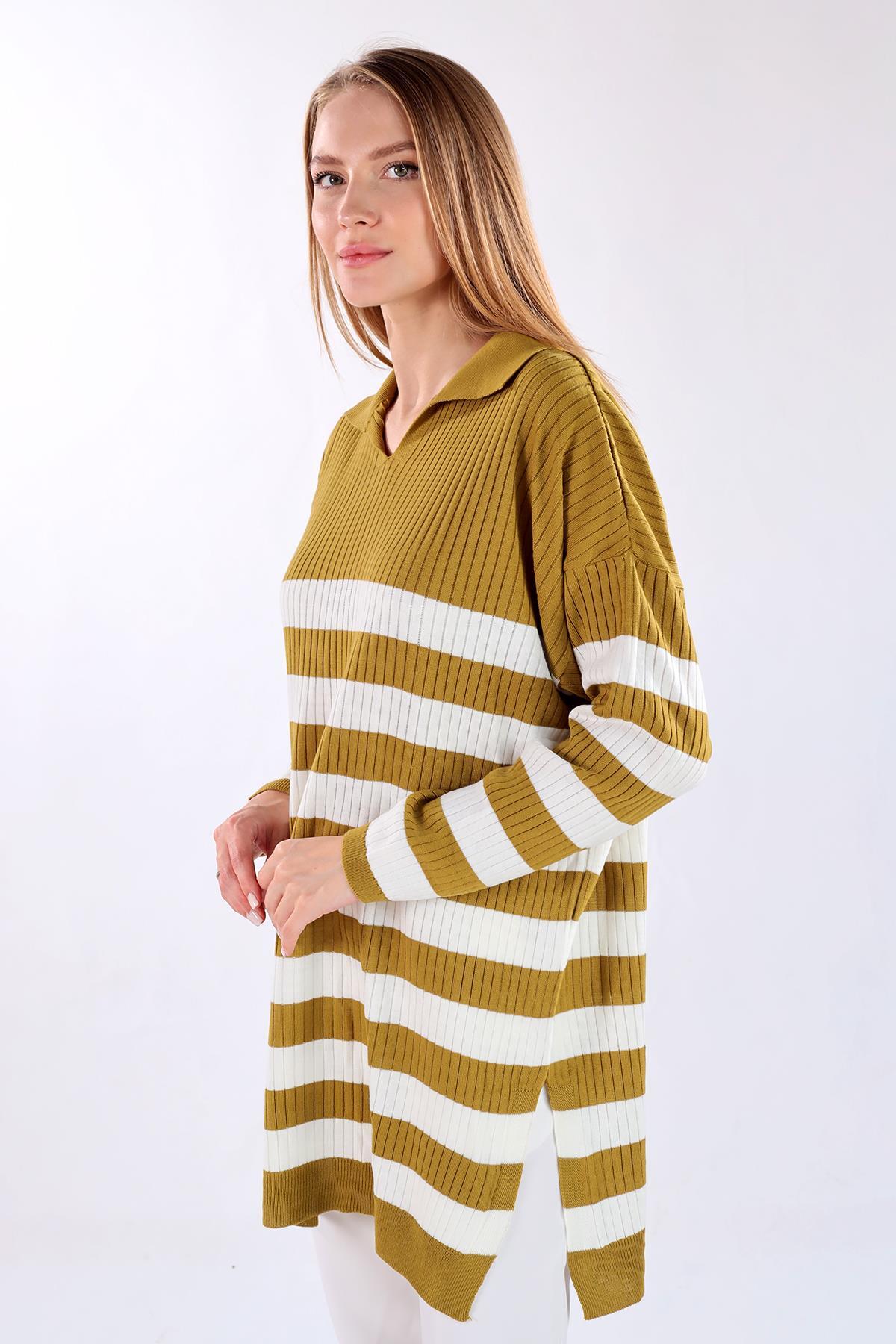 5335 Çizgili Fitilli Triko Tunik Yağ Yeşili - 1