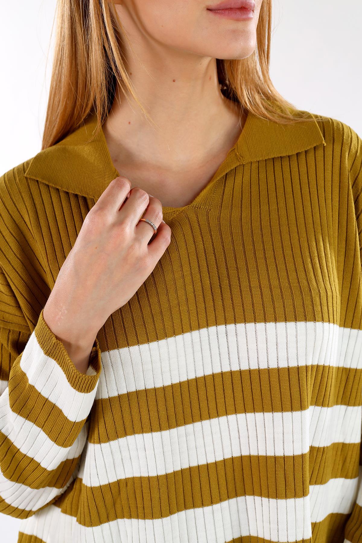 5335 Çizgili Fitilli Triko Tunik Yağ Yeşili - RAYS