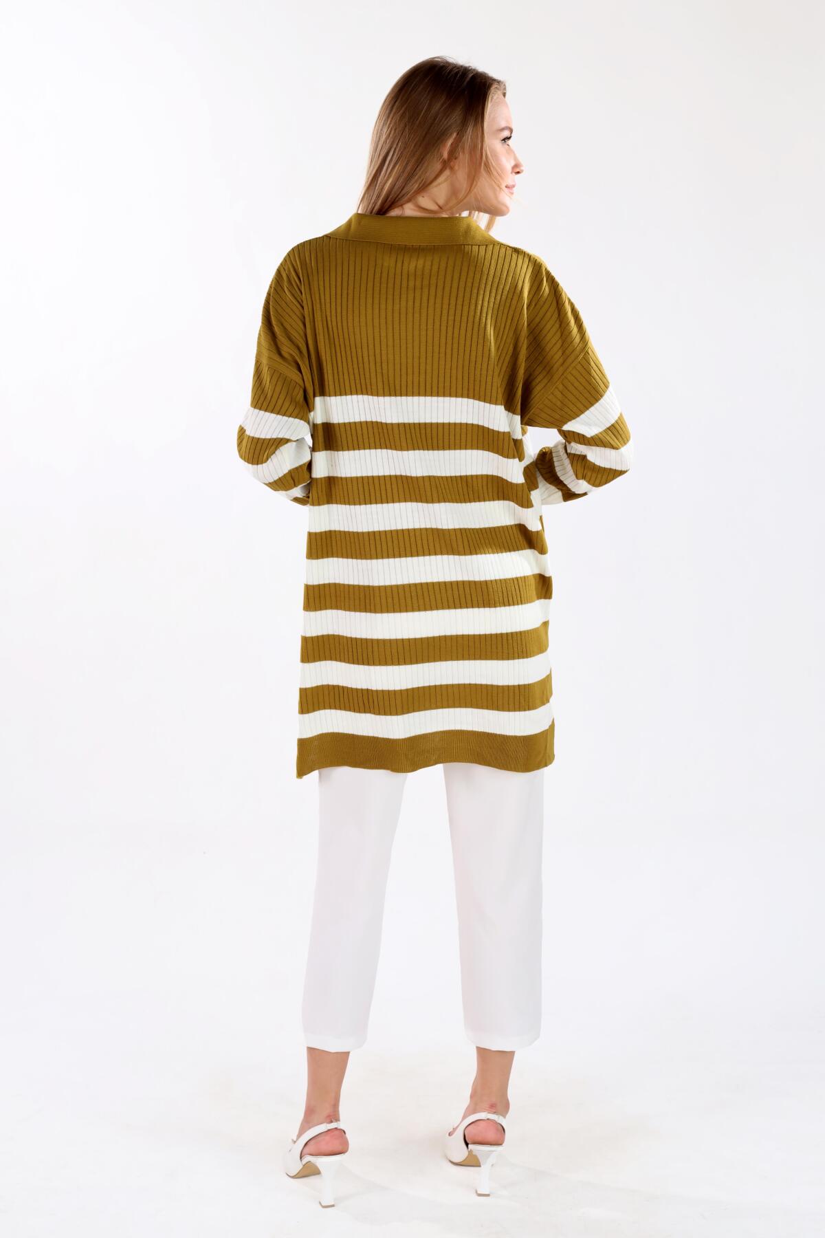 5335 Çizgili Fitilli Triko Tunik Yağ Yeşili - RAYS