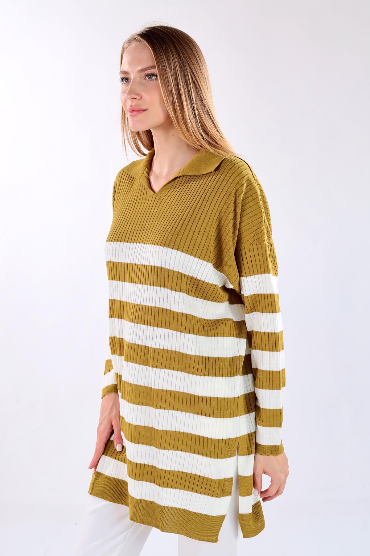 5335 Çizgili Fitilli Triko Tunik Yağ Yeşili - 6