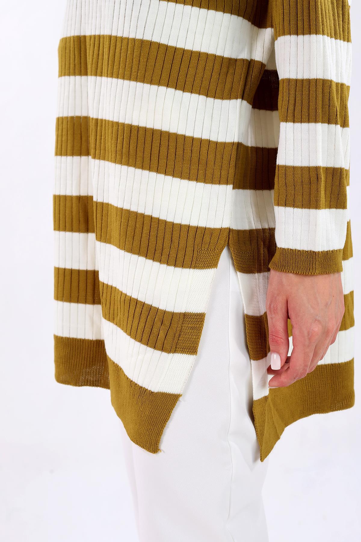 5335 Çizgili Fitilli Triko Tunik Yağ Yeşili - 5