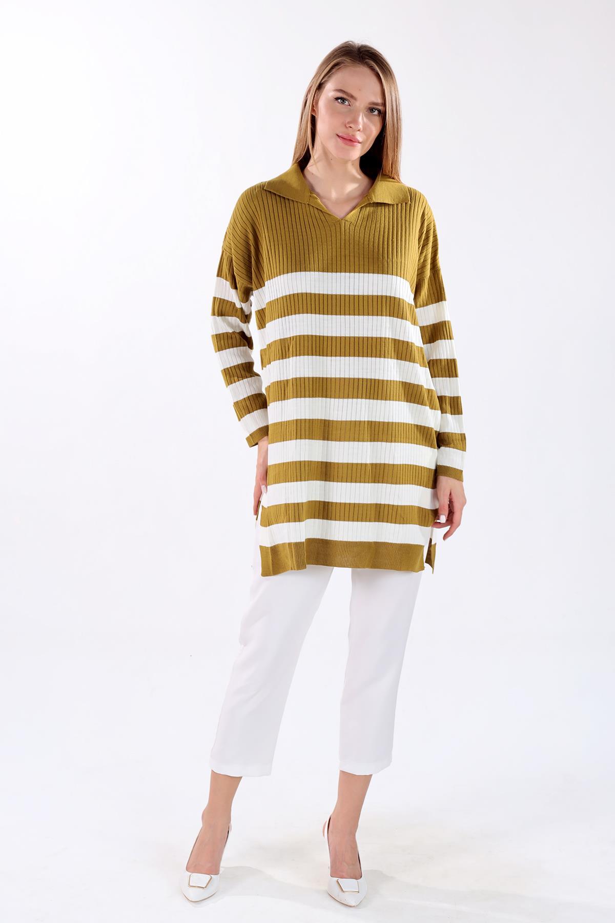 Yağ Yeşili Çizgili Fitilli Triko Tunik 5335 - 2