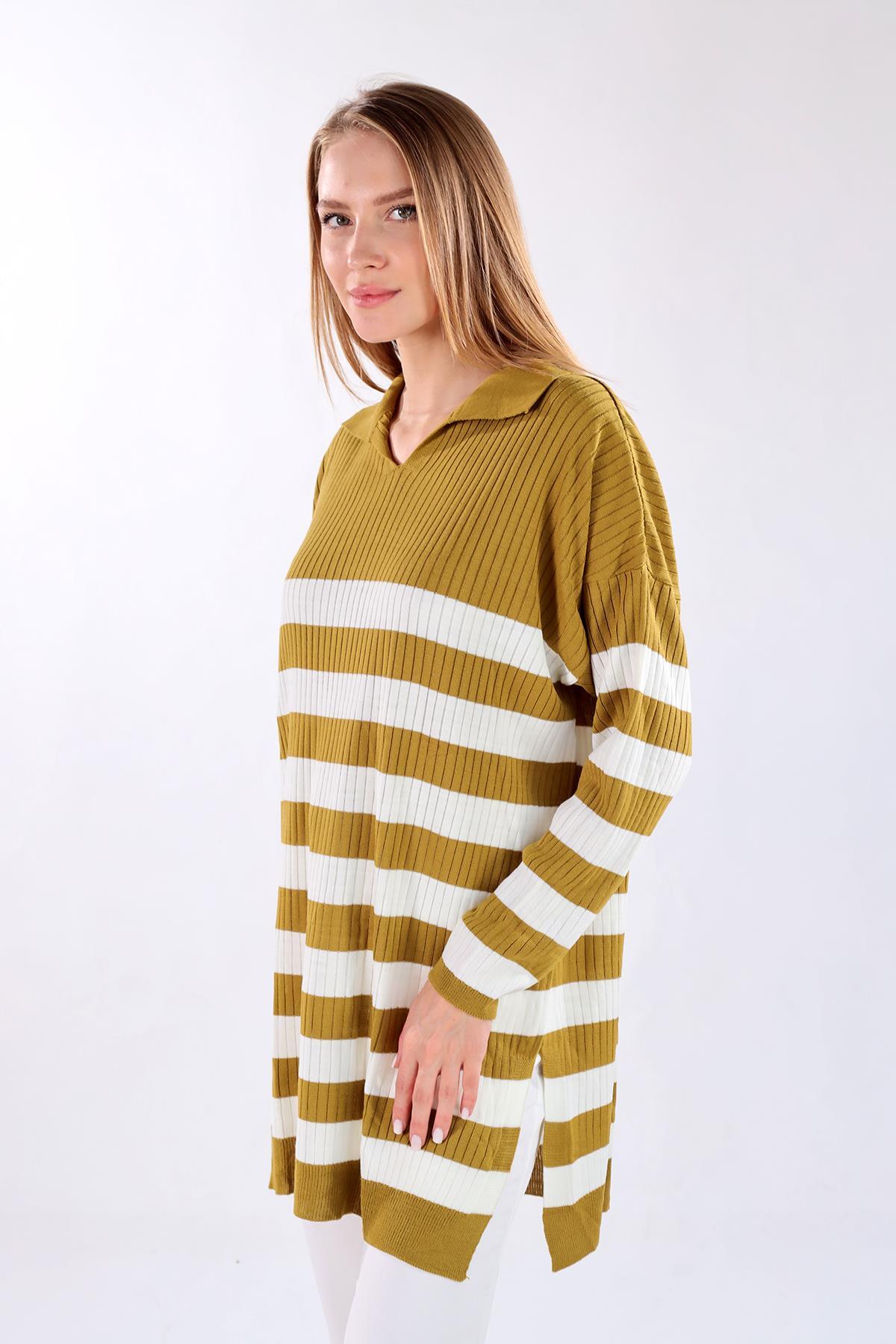 Yağ Yeşili Çizgili Fitilli Triko Tunik 5335 - 7