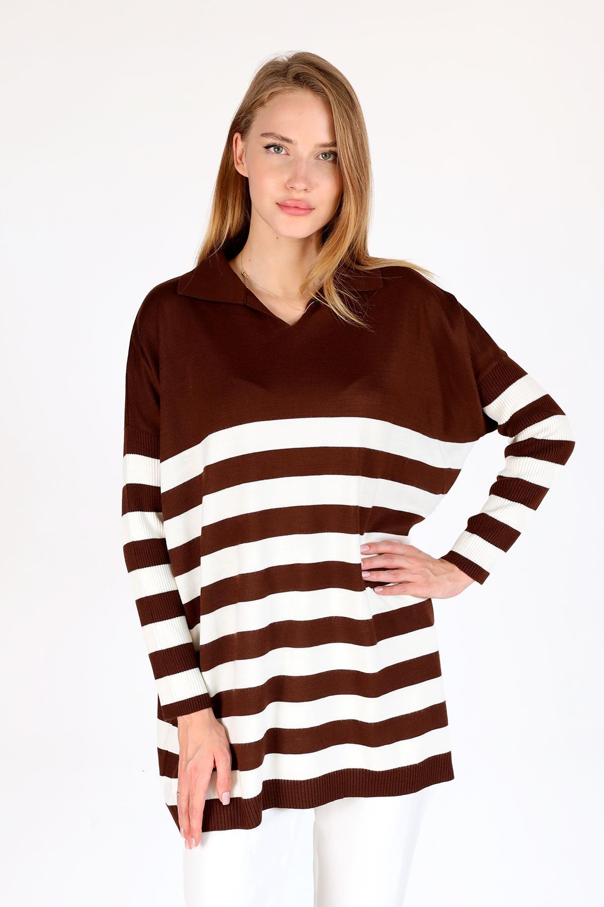Acı Kahve Polo Yaka Çizgili Tunik 5340 