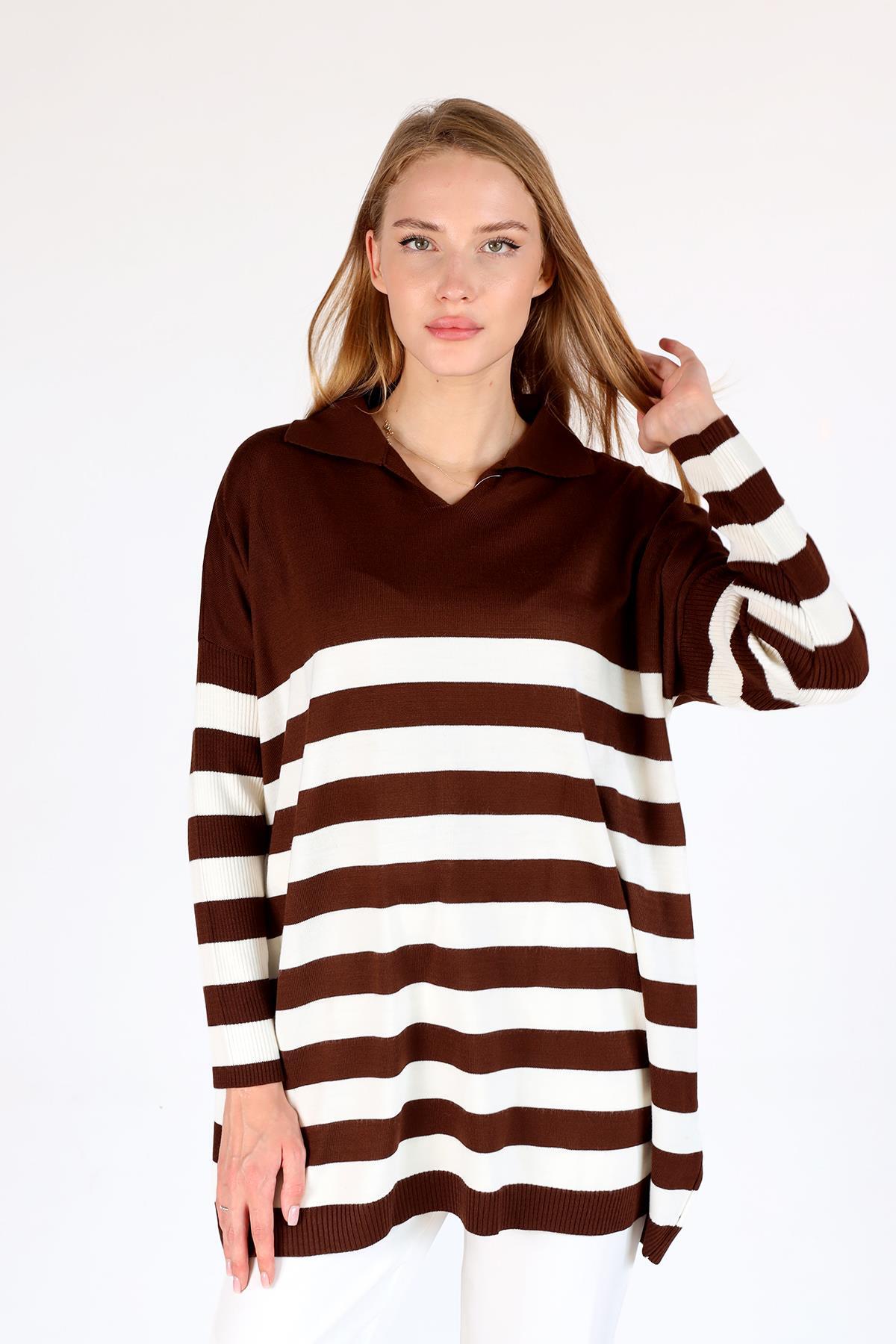 5340 Polo Yaka Çizgili Tunik Acı Kahve - 6