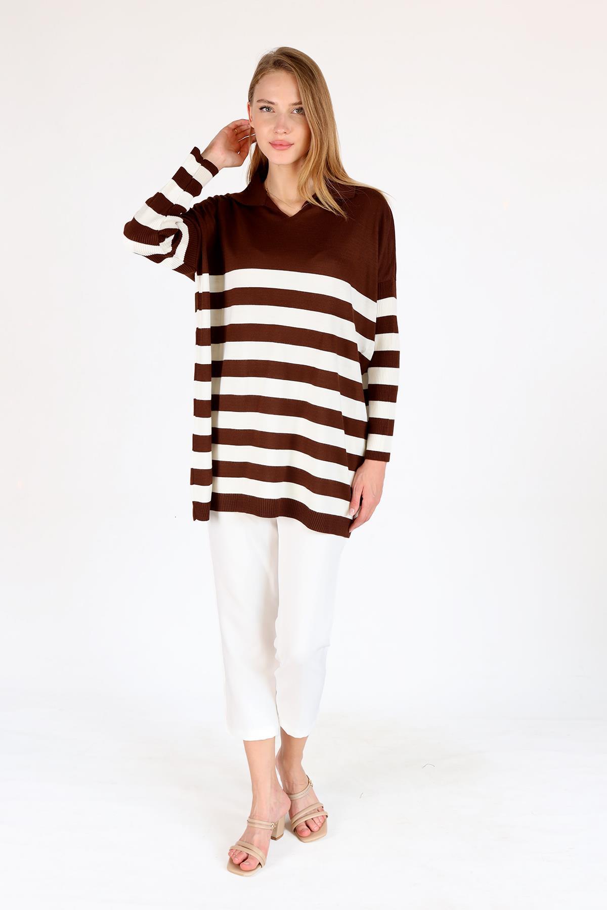 Acı Kahve Polo Yaka Çizgili Tunik 5340 - 2