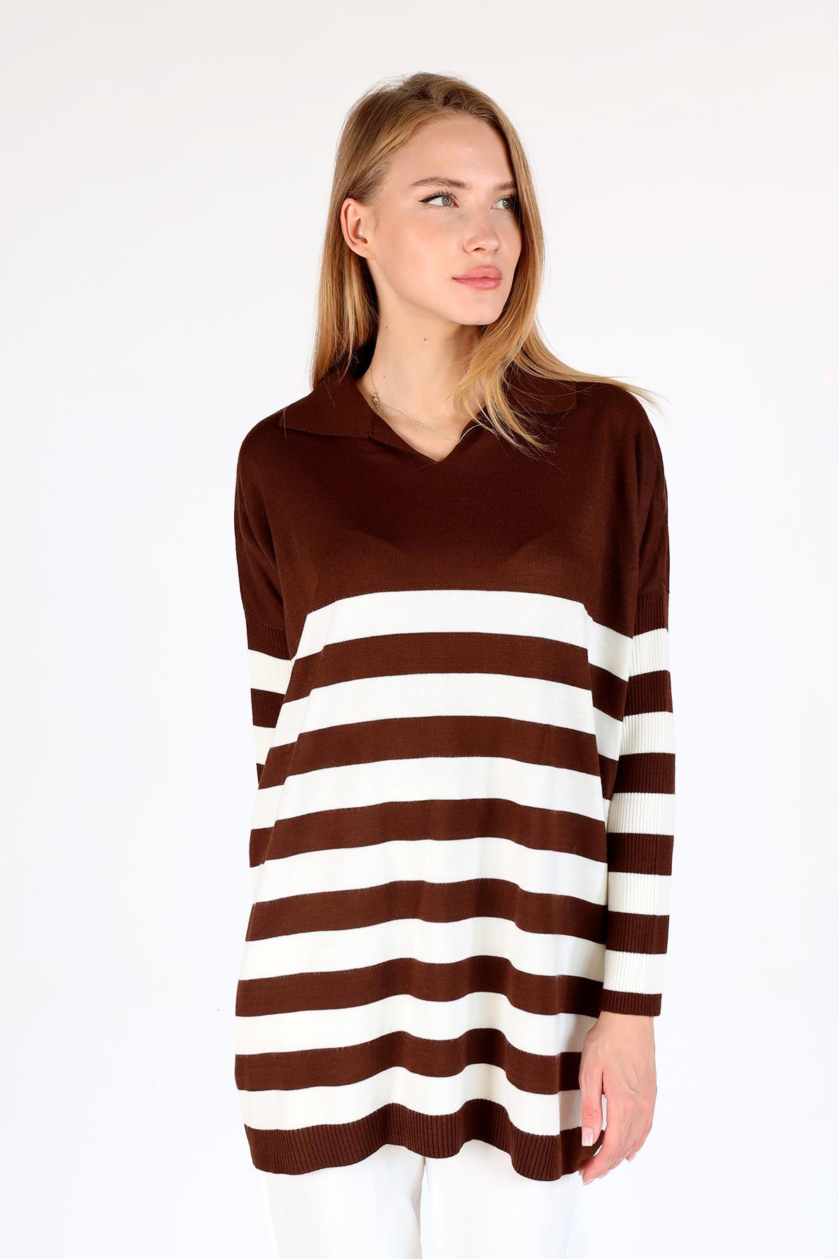 Acı Kahve Polo Yaka Çizgili Tunik 5340 - 3
