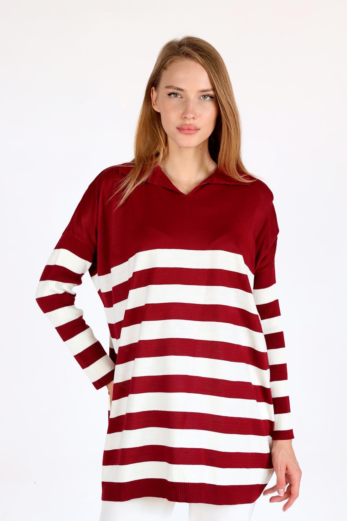 5340 Polo Yaka Çizgili Tunik Bordo - 2