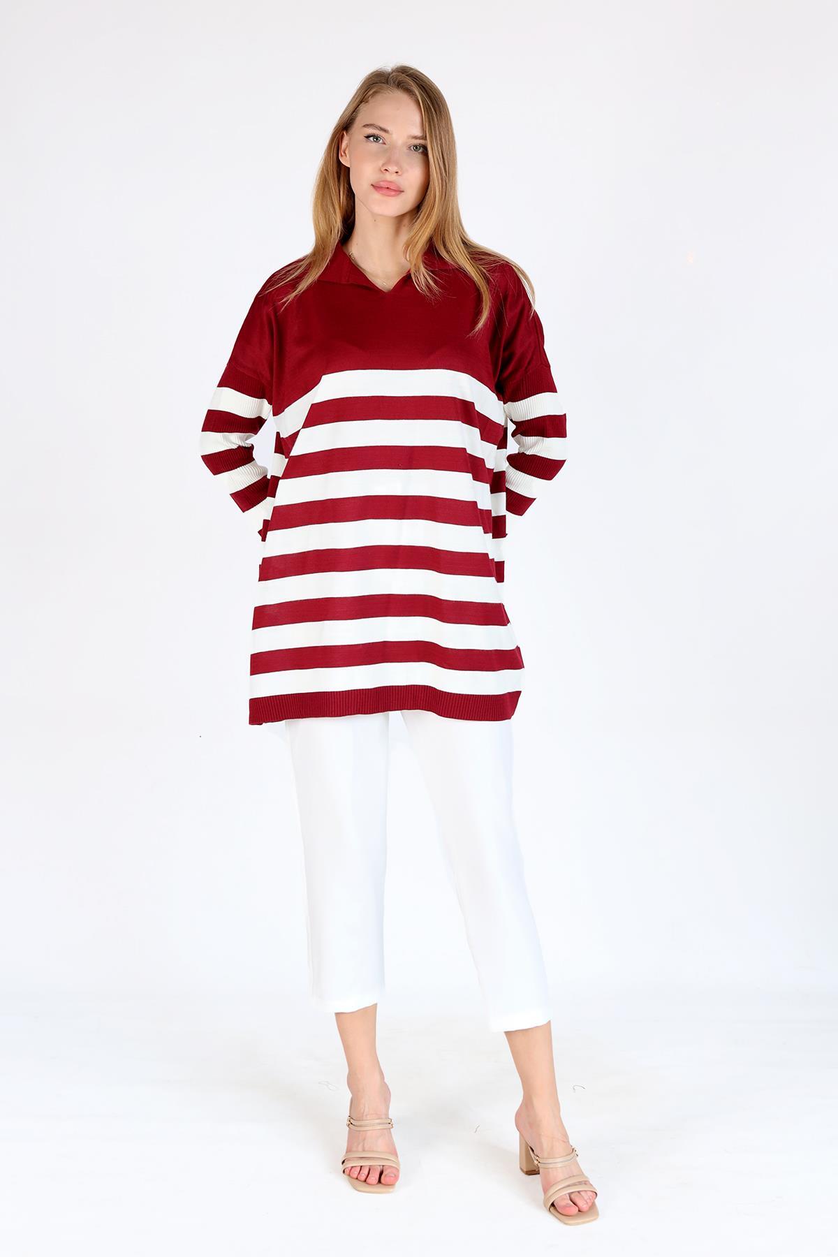 5340 Polo Yaka Çizgili Tunik Bordo - 1
