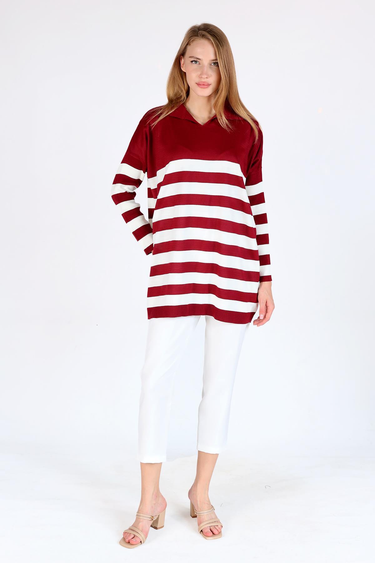 5340 Polo Yaka Çizgili Tunik Bordo - 3