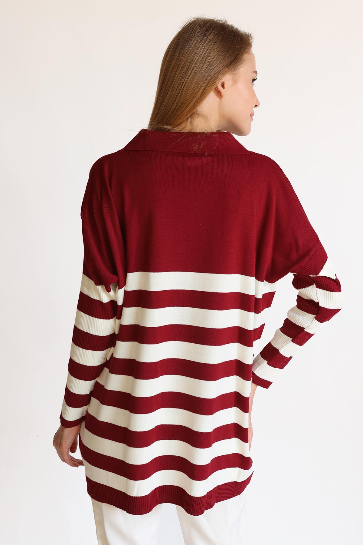 5340 Polo Yaka Çizgili Tunik Bordo - 5