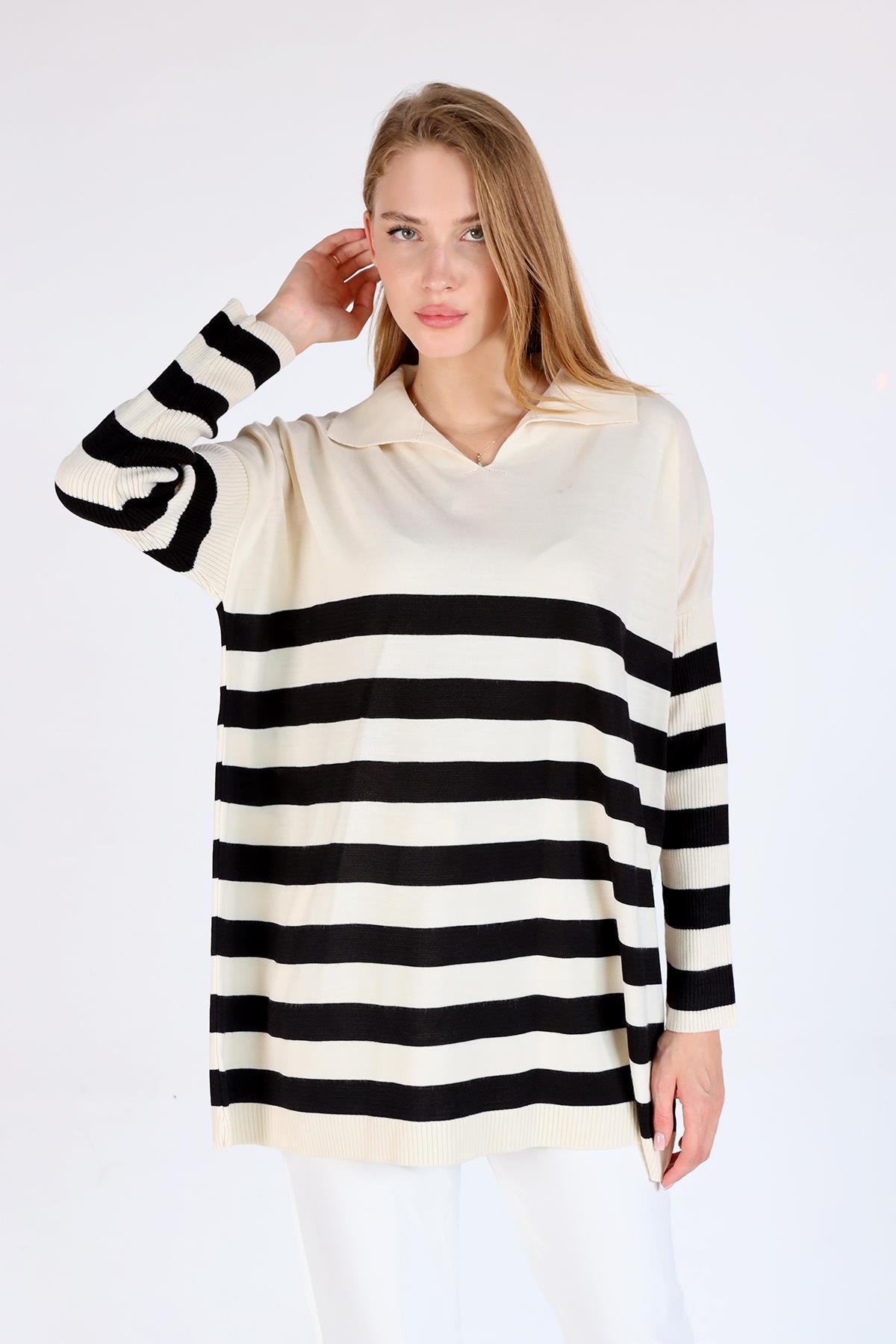 5340 Polo Yaka Çizgili Tunik Ekru - 2