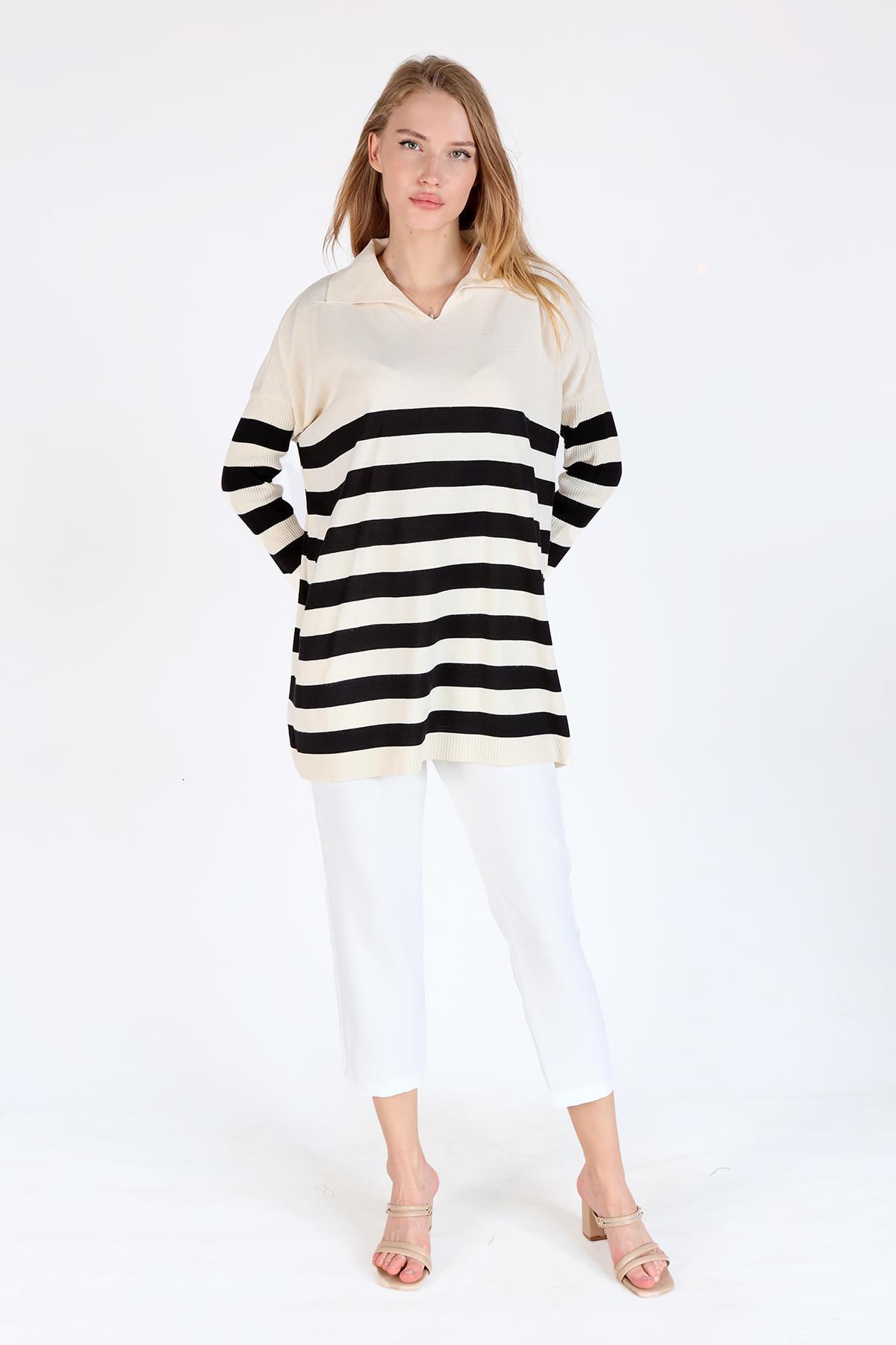 Ekru Polo Yaka Çizgili Tunik 5340 