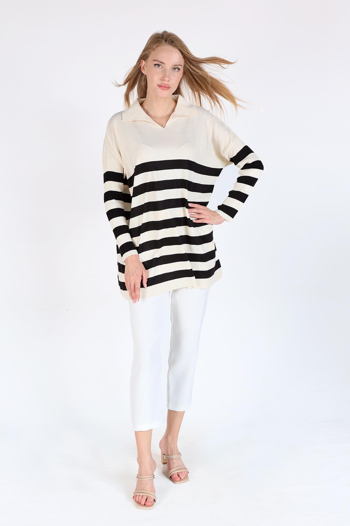 Ekru Polo Yaka Çizgili Tunik 5340 - 3