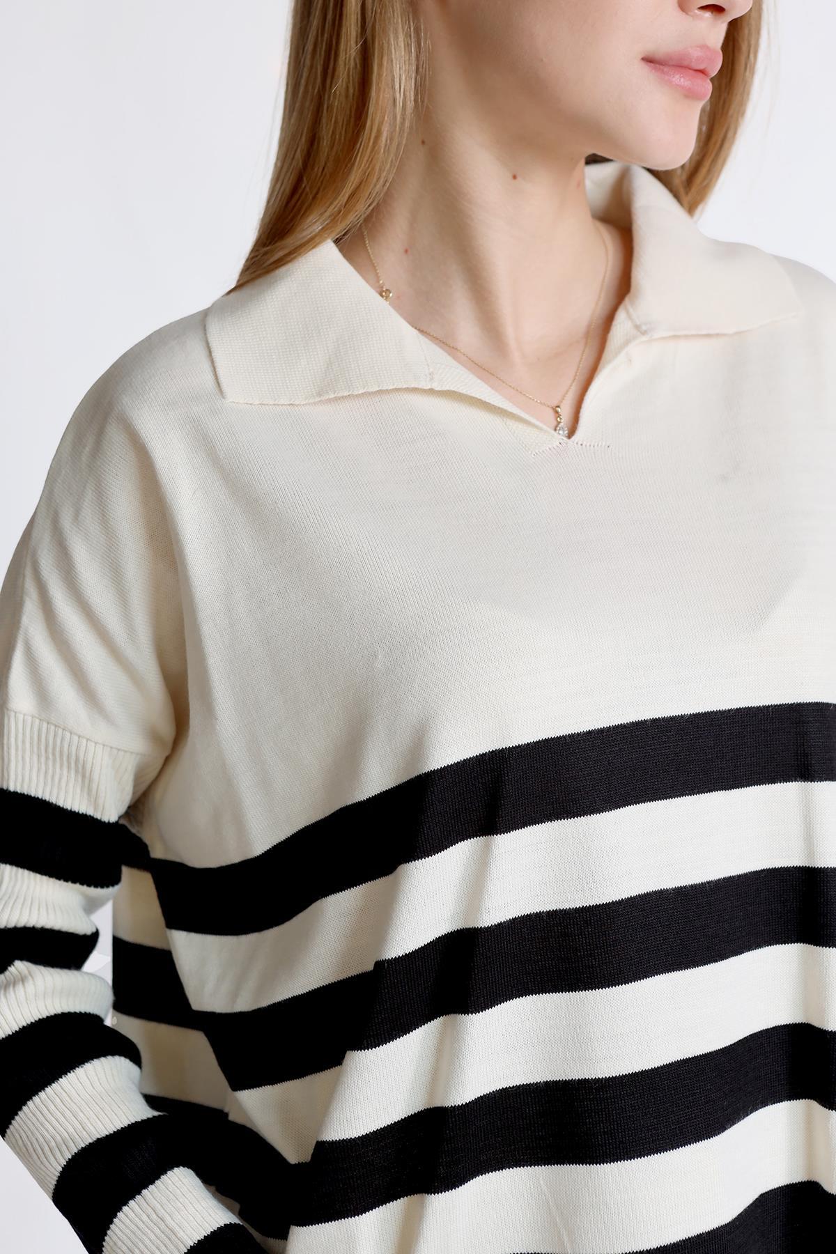 Ekru Polo Yaka Çizgili Tunik 5340 - 4
