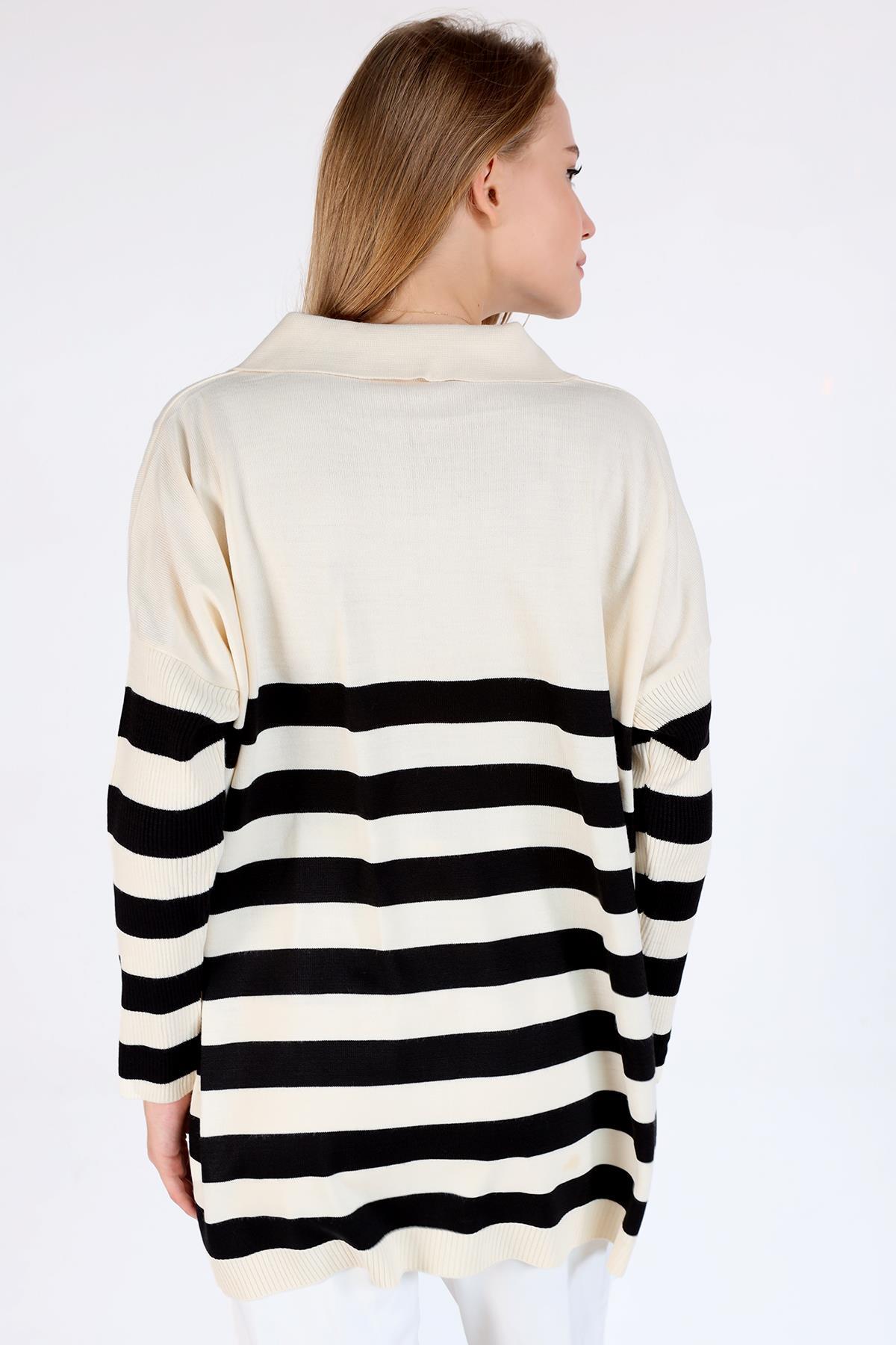 Ekru Polo Yaka Çizgili Tunik 5340 - 5