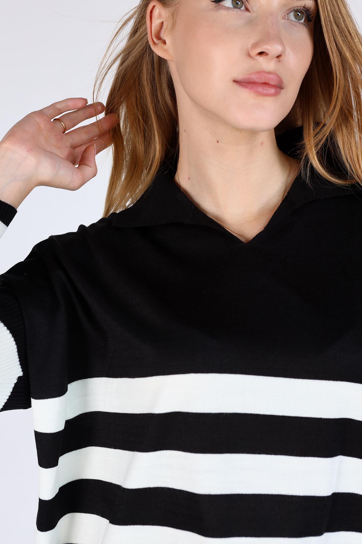Polo Yaka Çizgili Tunik 5340 Siyah - 3