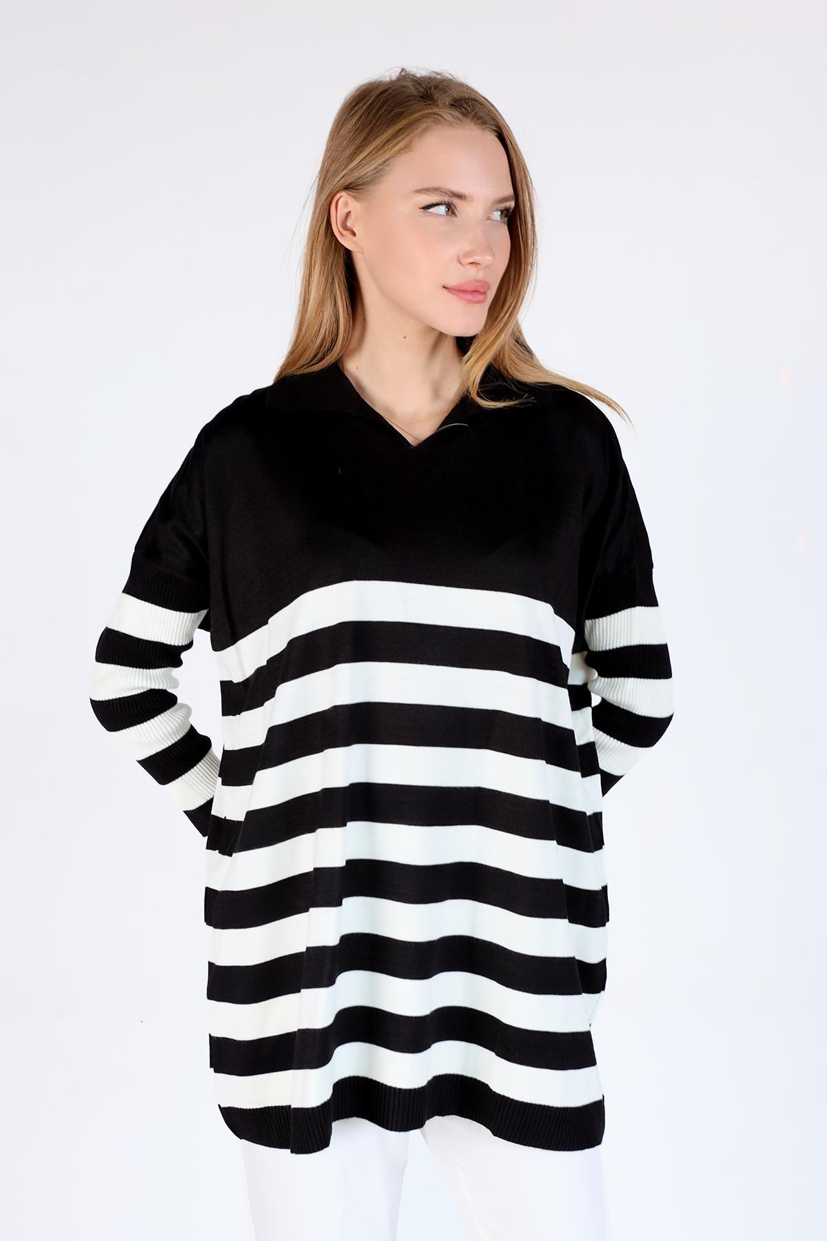 Polo Yaka Çizgili Tunik 5340 Siyah - 5