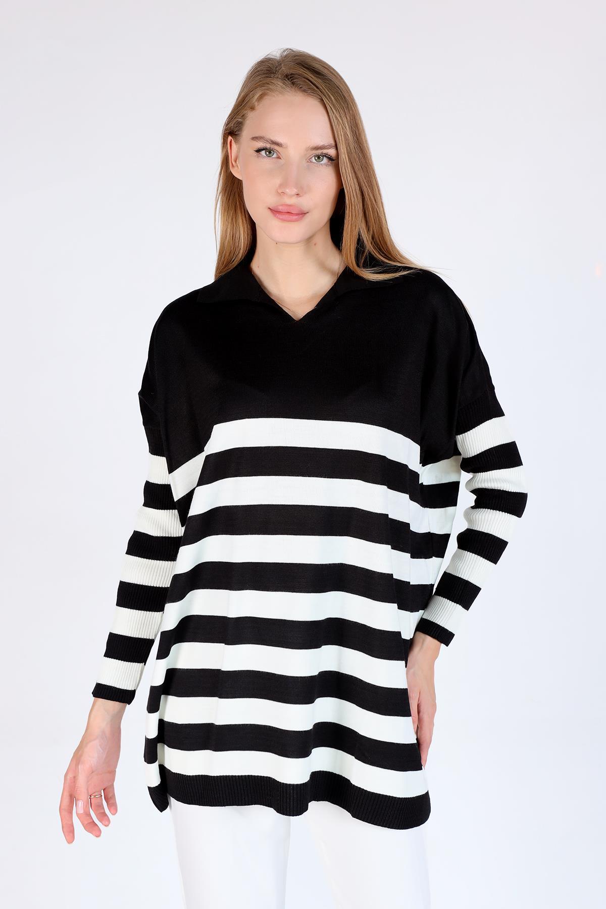 5340 Polo Yaka Çizgili Tunik Siyah - RAYS