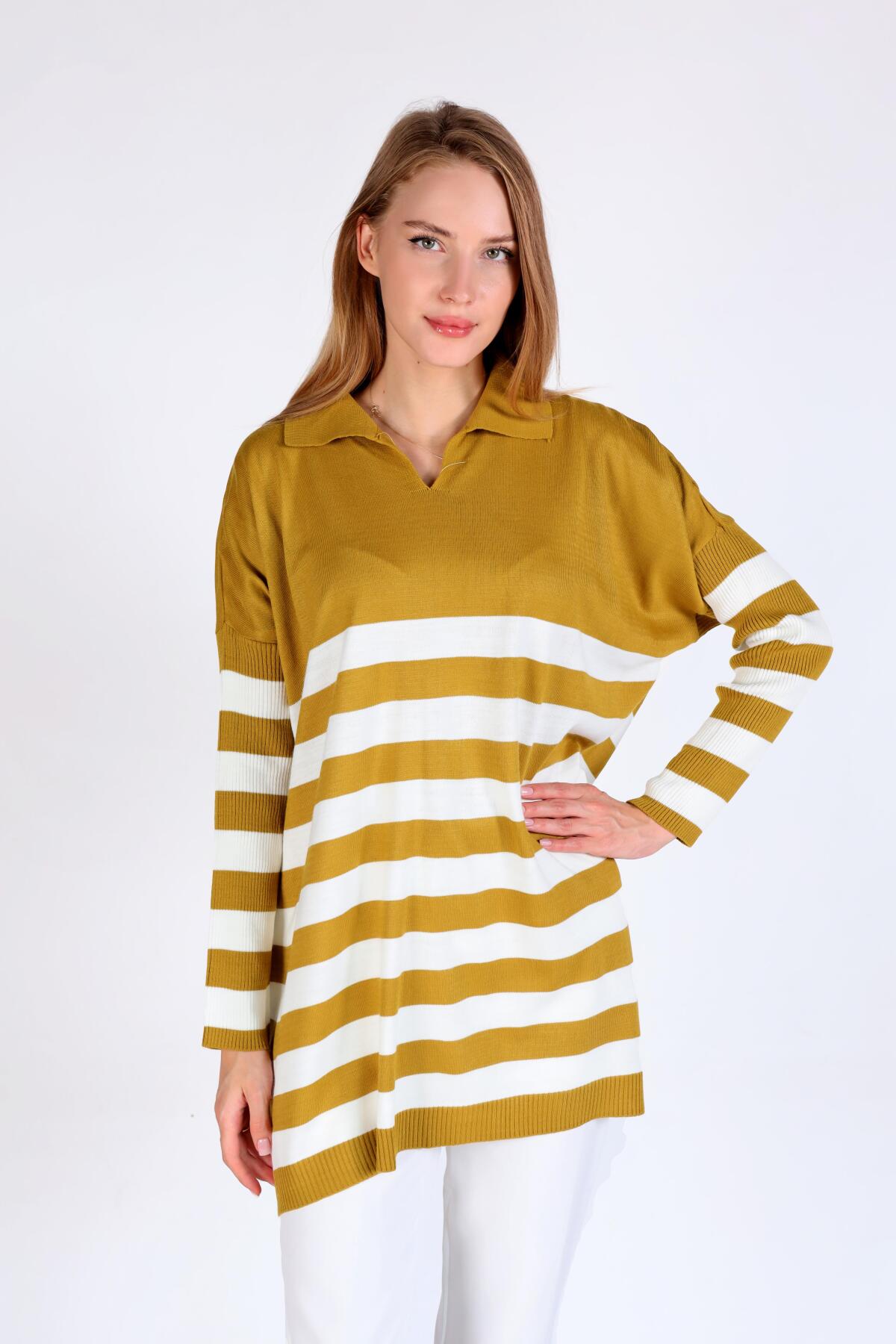 5340 Polo Yaka Çizgili Tunik Yağ Yeşili - 1