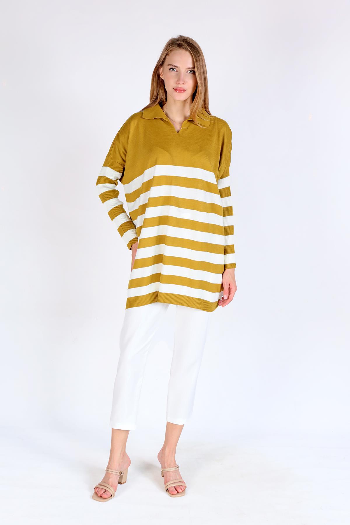 Yağ Yeşili Polo Yaka Çizgili Tunik 5340 - 2