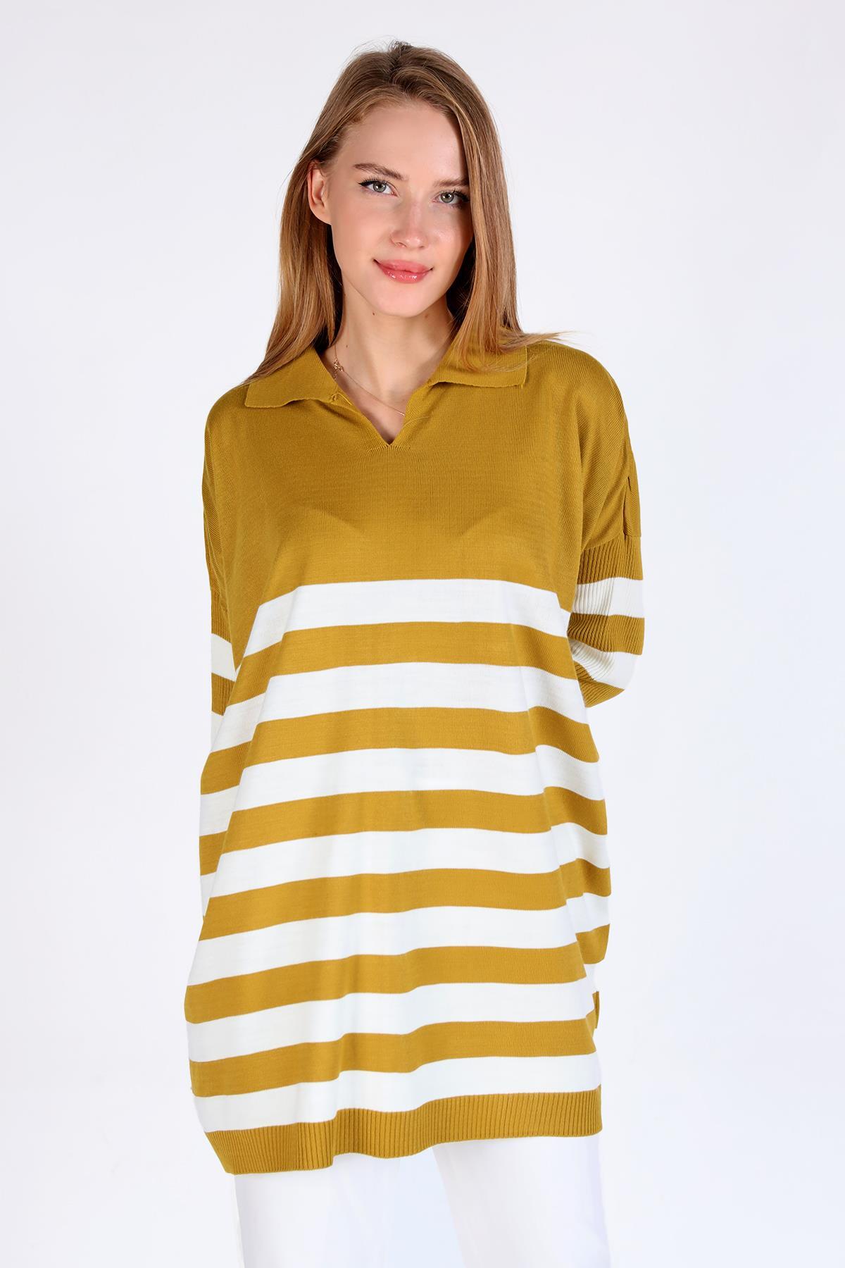 Yağ Yeşili Polo Yaka Çizgili Tunik 5340 - 3