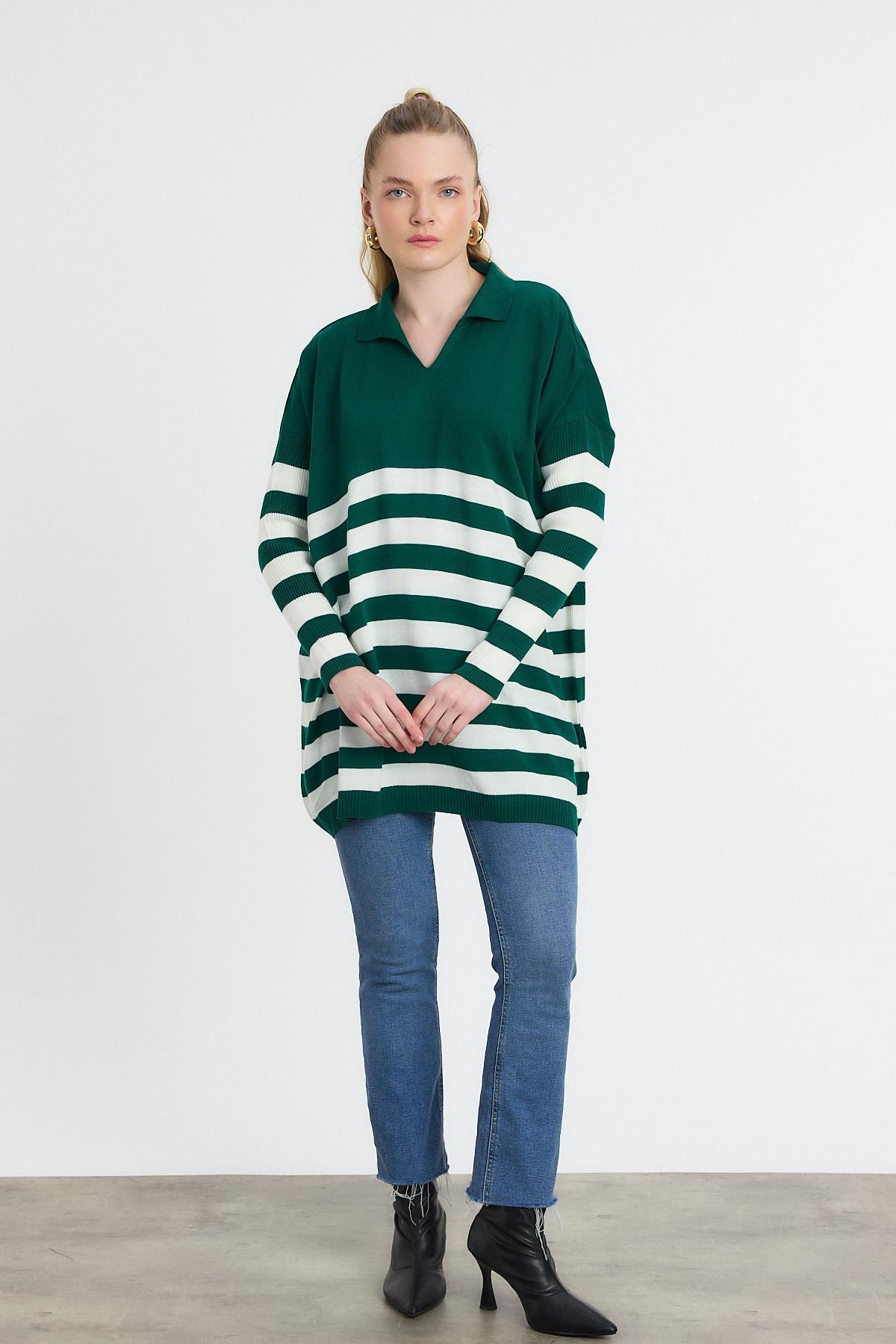 5340 Polo Yaka Çizgili Tunik Benetton Yeşili 
