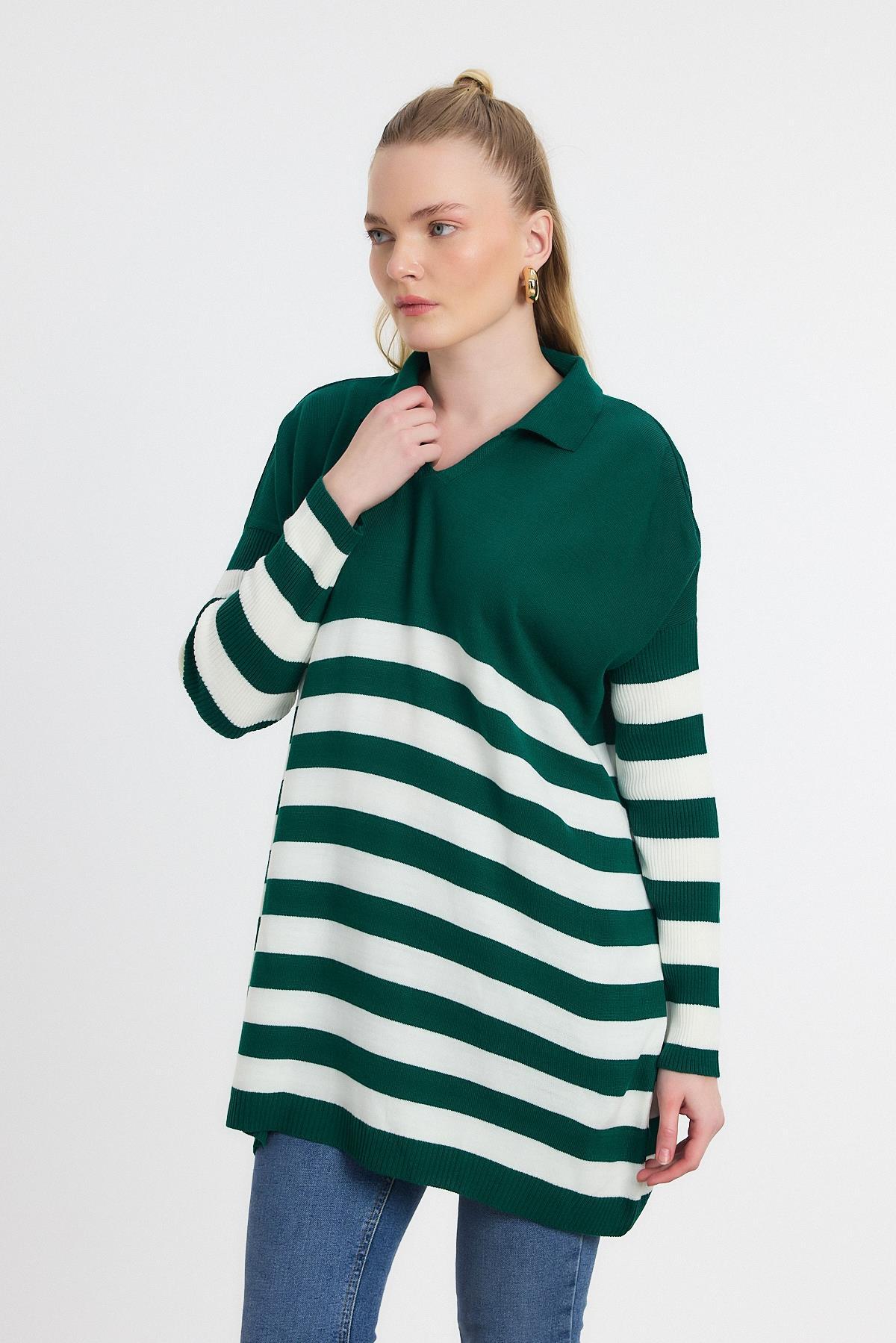 5340 Polo Yaka Çizgili Tunik Benetton Yeşili - 3