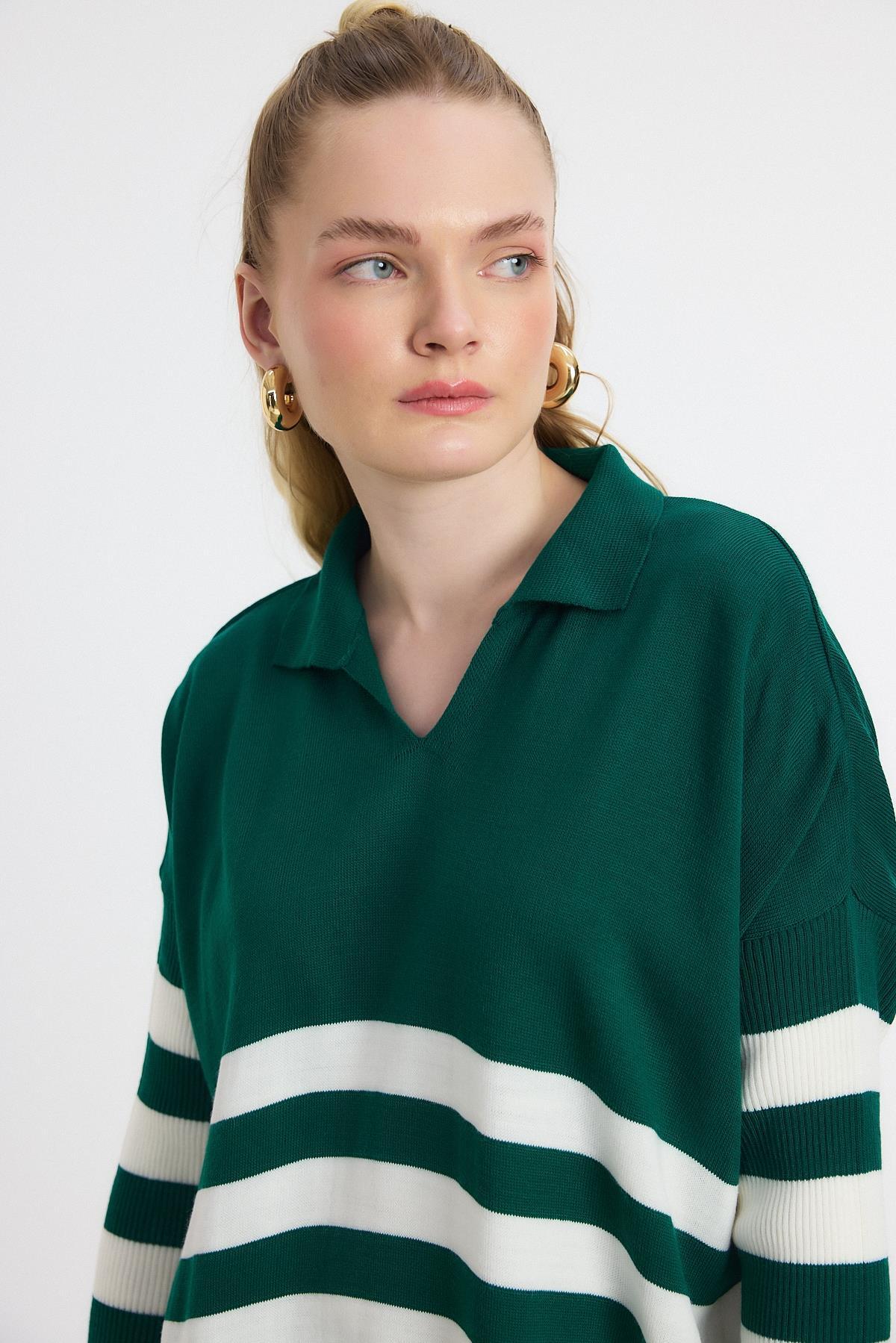 5340 Polo Yaka Çizgili Tunik Benetton Yeşili - 4