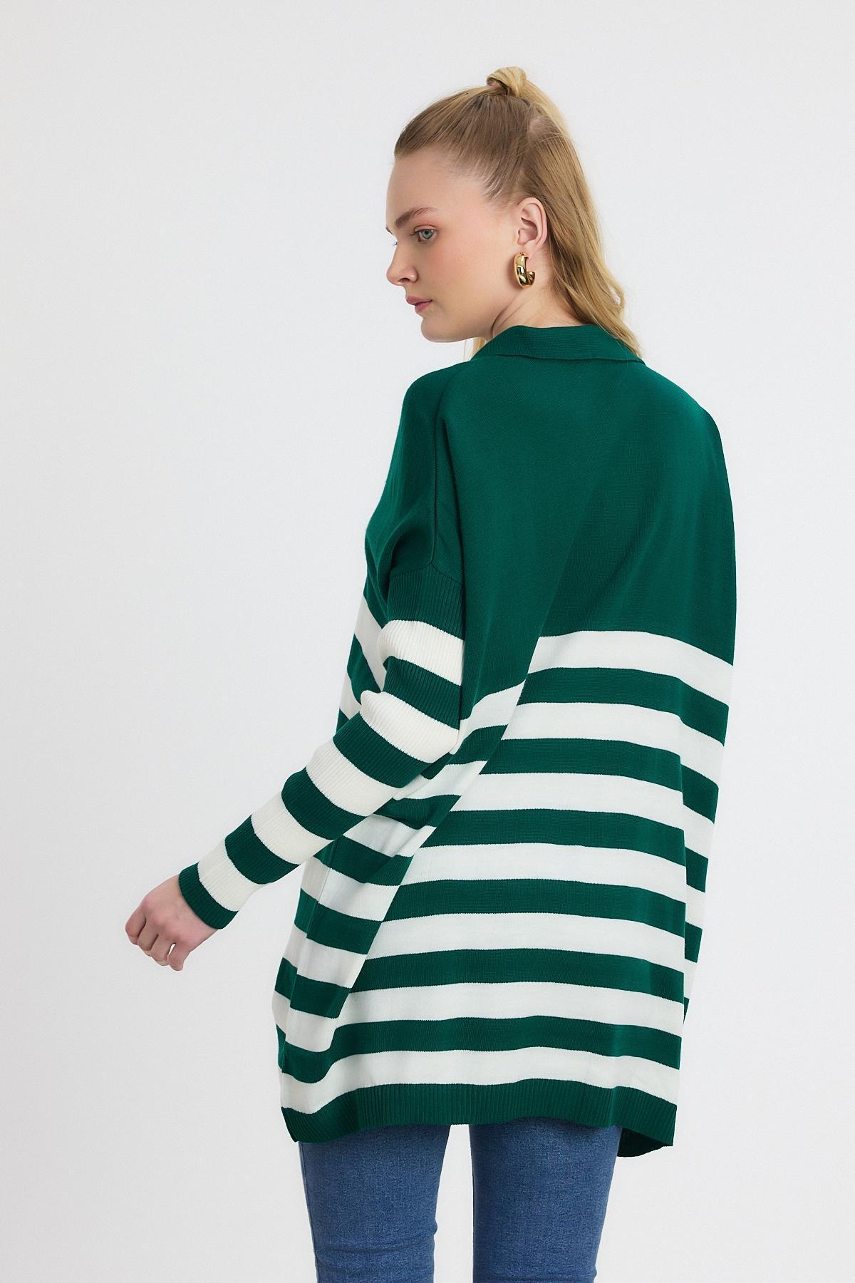 5340 Polo Yaka Çizgili Tunik Benetton Yeşili - 5