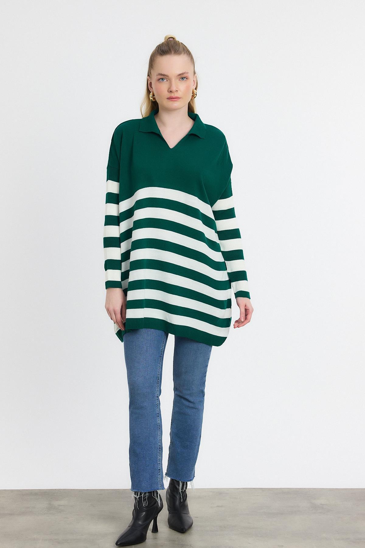 5340 Polo Yaka Çizgili Tunik Benetton Yeşili - 8