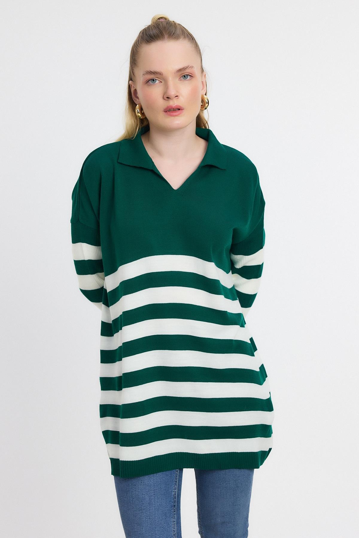 5340 Polo Yaka Çizgili Tunik Benetton Yeşili - 2