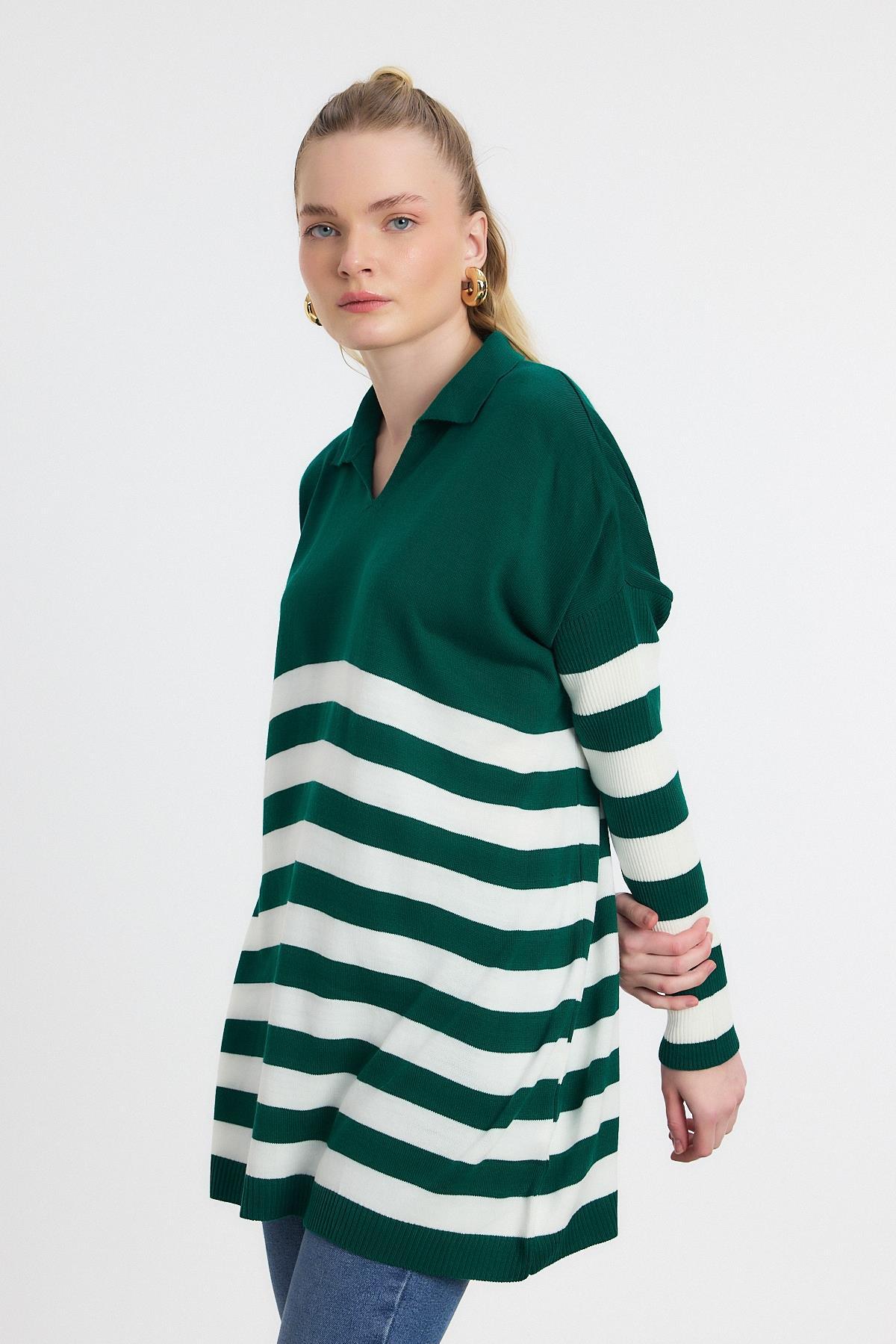 5340 Polo Yaka Çizgili Tunik Benetton Yeşili - 7