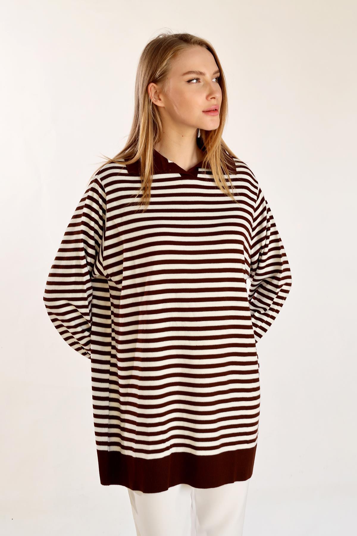 Acı Kahve İnce Çizgi Polo Yaka Tunik 5345 