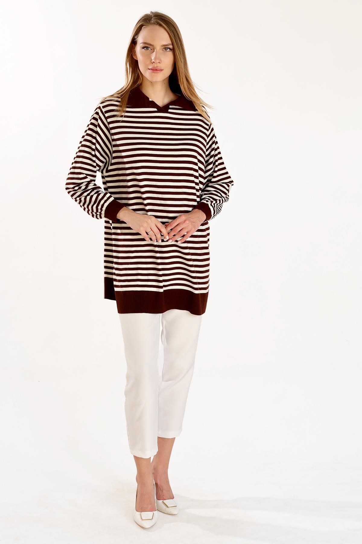 Acı Kahve İnce Çizgi Polo Yaka Tunik 5345 - 2