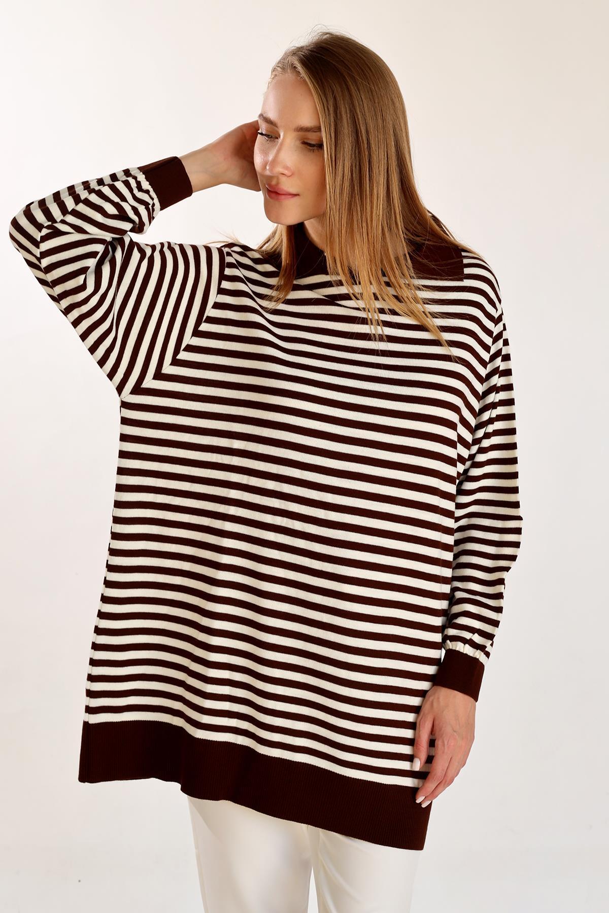 Acı Kahve İnce Çizgi Polo Yaka Tunik 5345 - 4